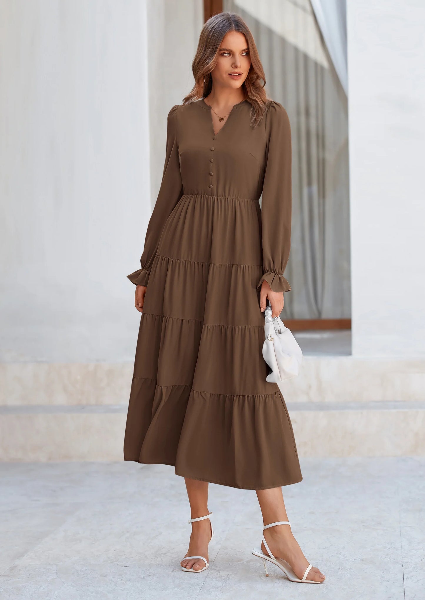 Women Fall Long Sleeve Smocked Maxi Dress Casual Square Neck Swiss Dot Tiered Ruffle Flowy Spring Pocket Dresses
