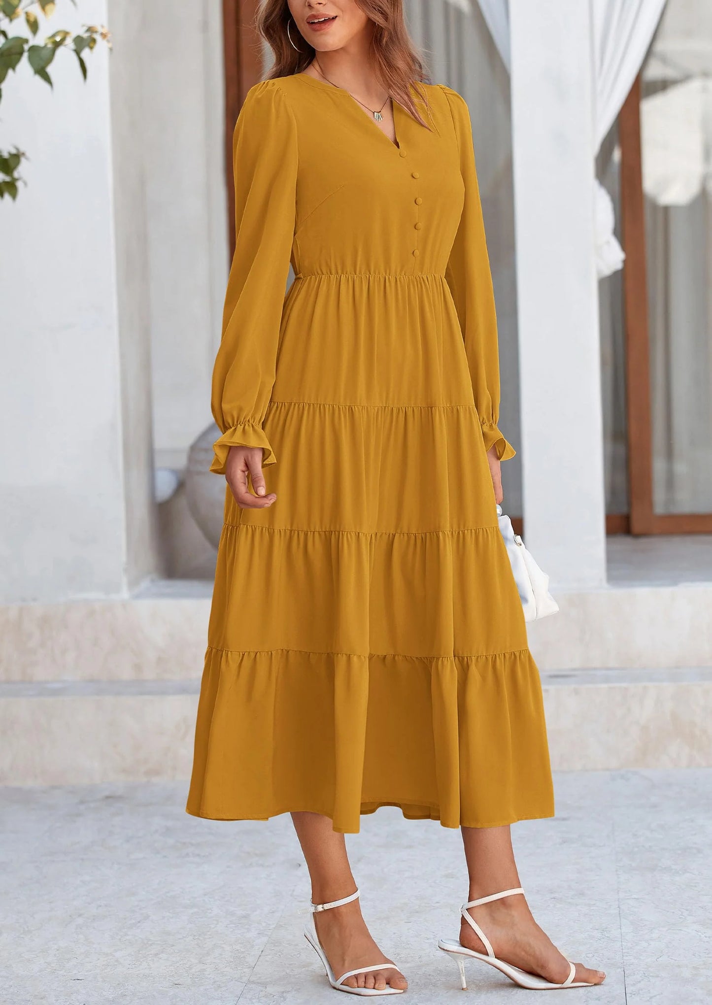 Women Fall Long Sleeve Smocked Maxi Dress Casual Square Neck Swiss Dot Tiered Ruffle Flowy Spring Pocket Dresses