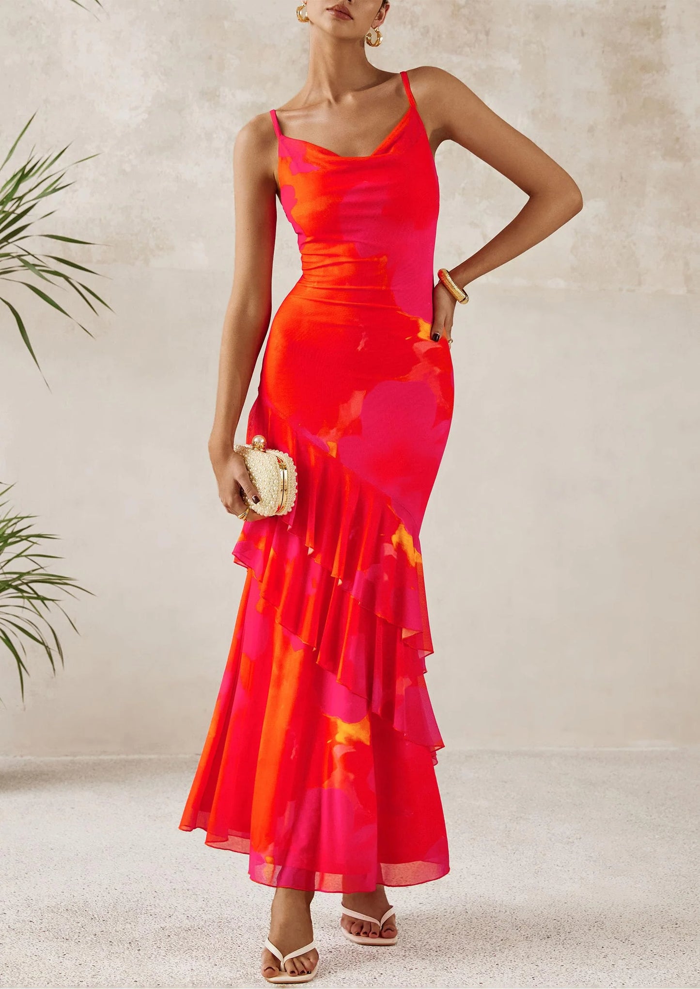Maxi Dresses for Women Floral Beach Sundress Spaghetti Strap Tiered Wedding Guest Long Dress