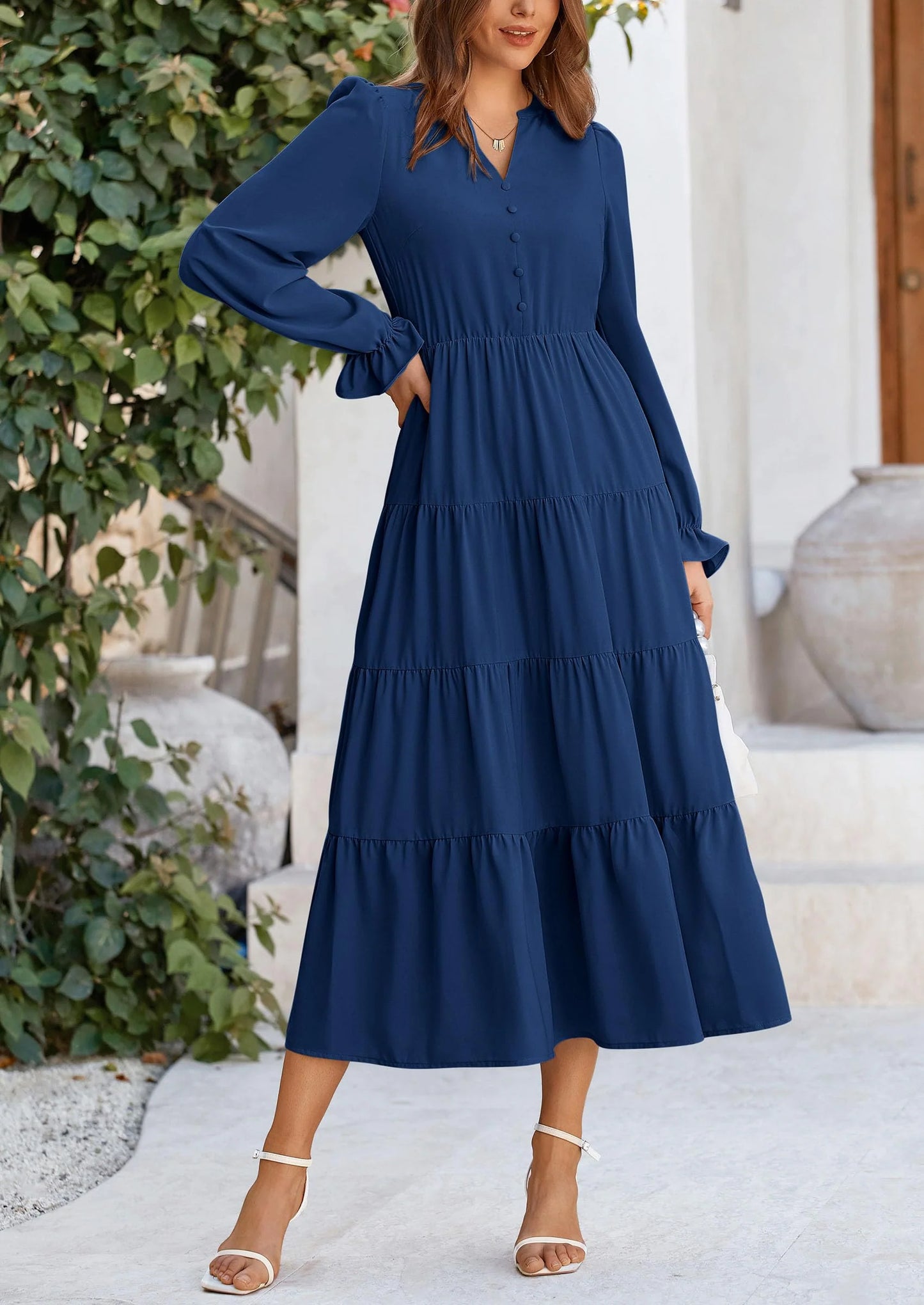 Women Fall Long Sleeve Smocked Maxi Dress Casual Square Neck Swiss Dot Tiered Ruffle Flowy Spring Pocket Dresses