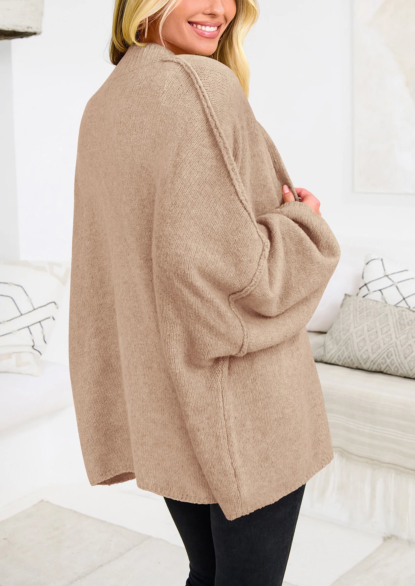 Women's Winter Button Down Cardigan Sweaters Mock Neck Lantern Long Sleeve Chunky Knit Jacket Trendy Outerwear