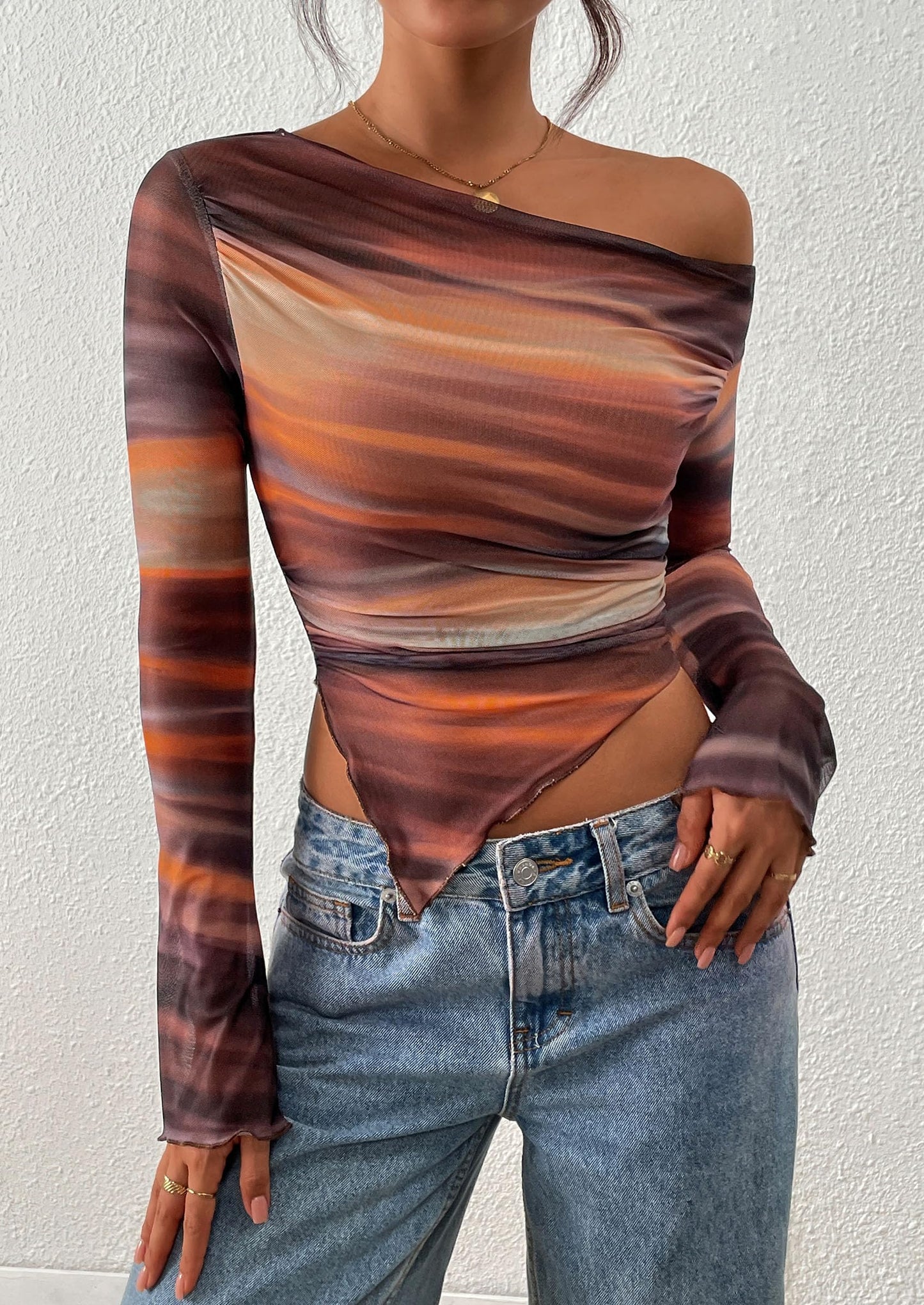 Womens Fall Trendy Off Shoulder Tops Tie Dye Mesh Long Sleeve Shirts Asymmetrical Ruched Floral Blouse