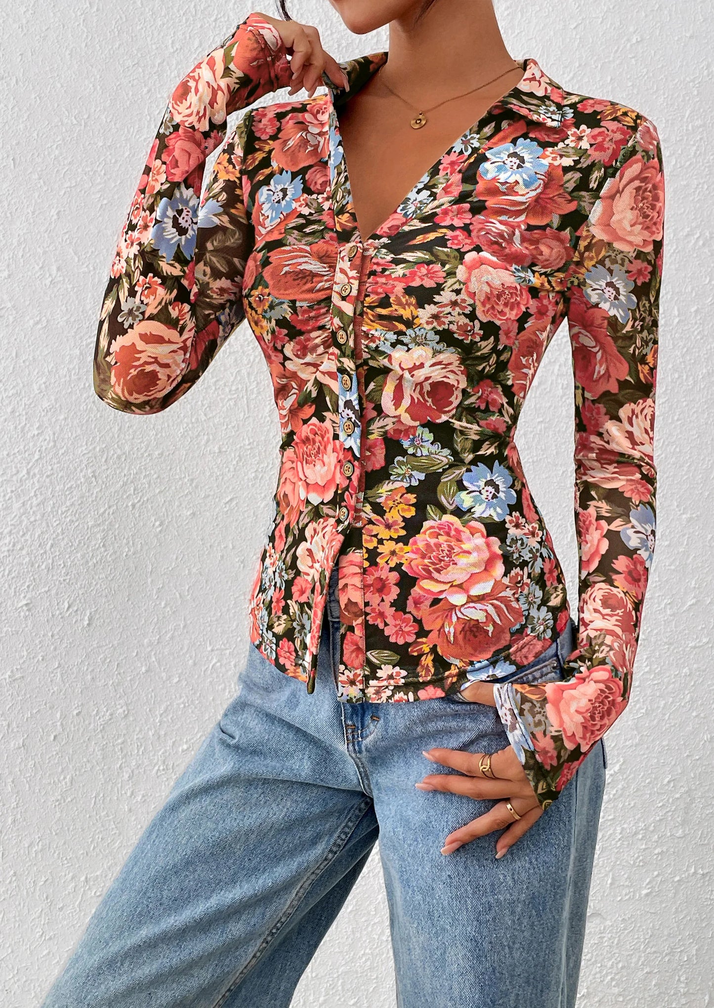 Women Button Down Floral Shirts Fall Trendy Long Sleeve V Neck Ruched Fitted Mesh Blouse Tops Date Outfits