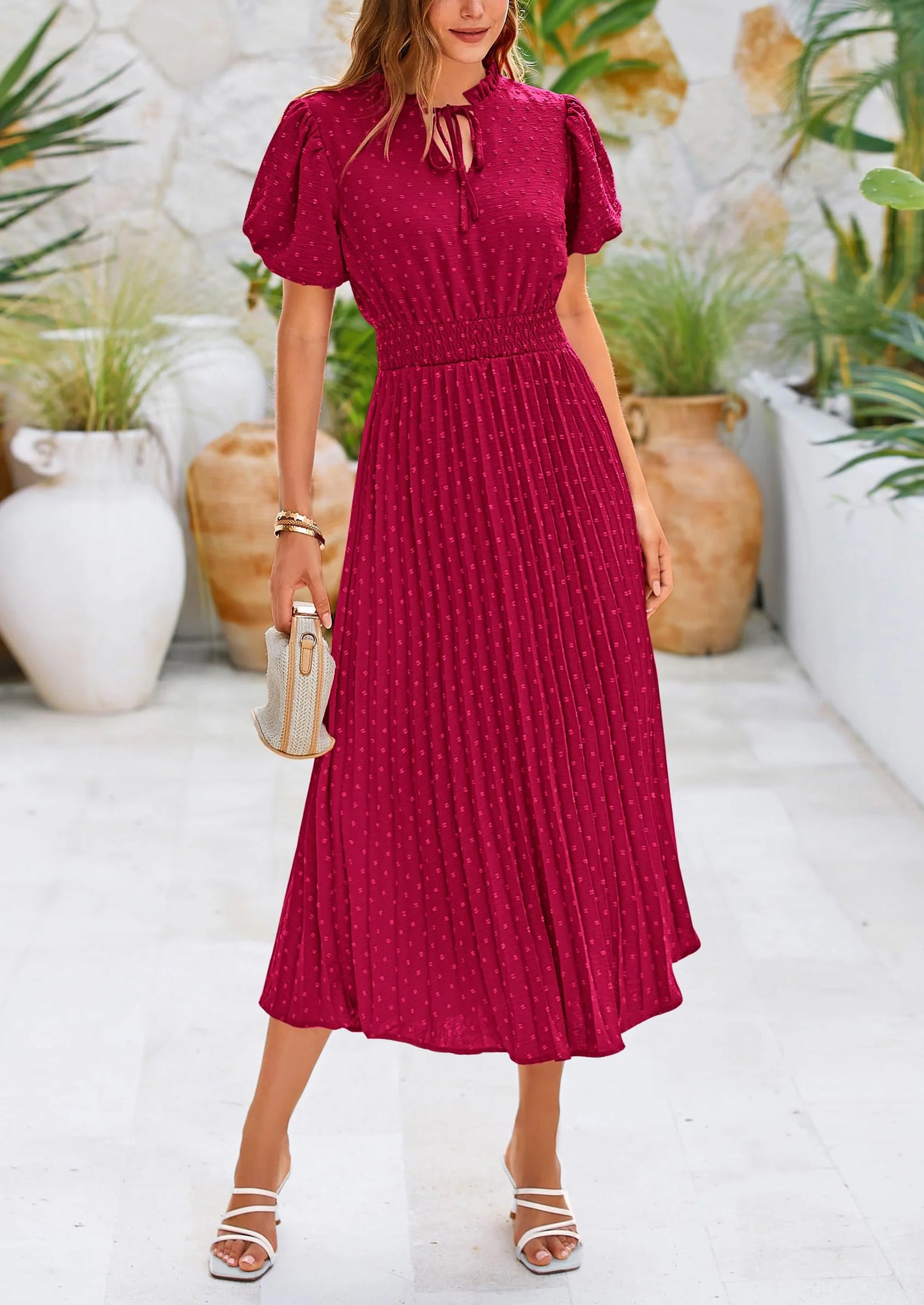 Womens Midi Dresses Puff Short Sleeve V Neck Swiss Dot Pleated A Line Flowy Long Wedding Guest Dress