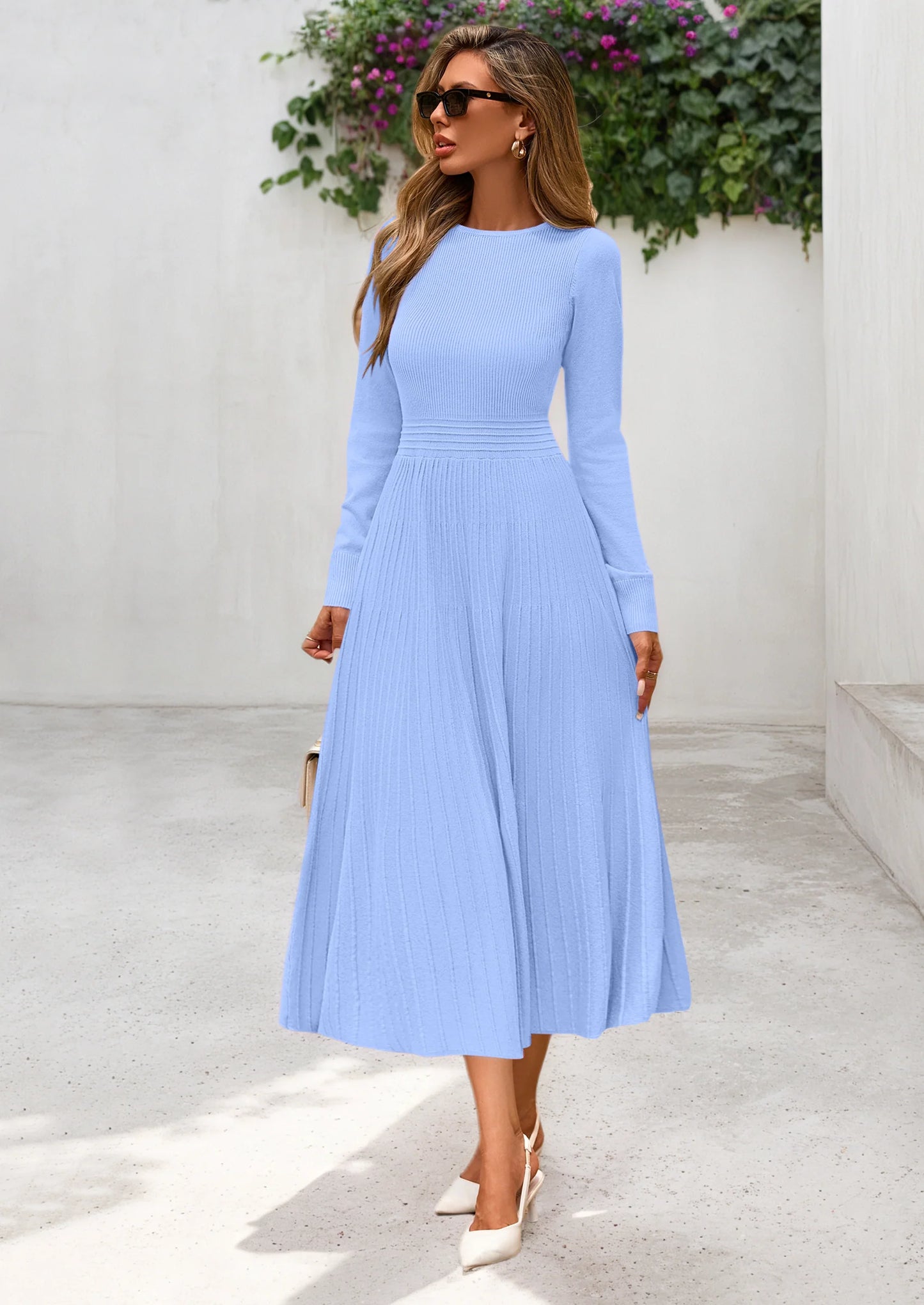 Women's Long Sleeve Midi Sweater Dress Fall Crewneck Knit A Line Pleated Wedding Guest Winter Dresses