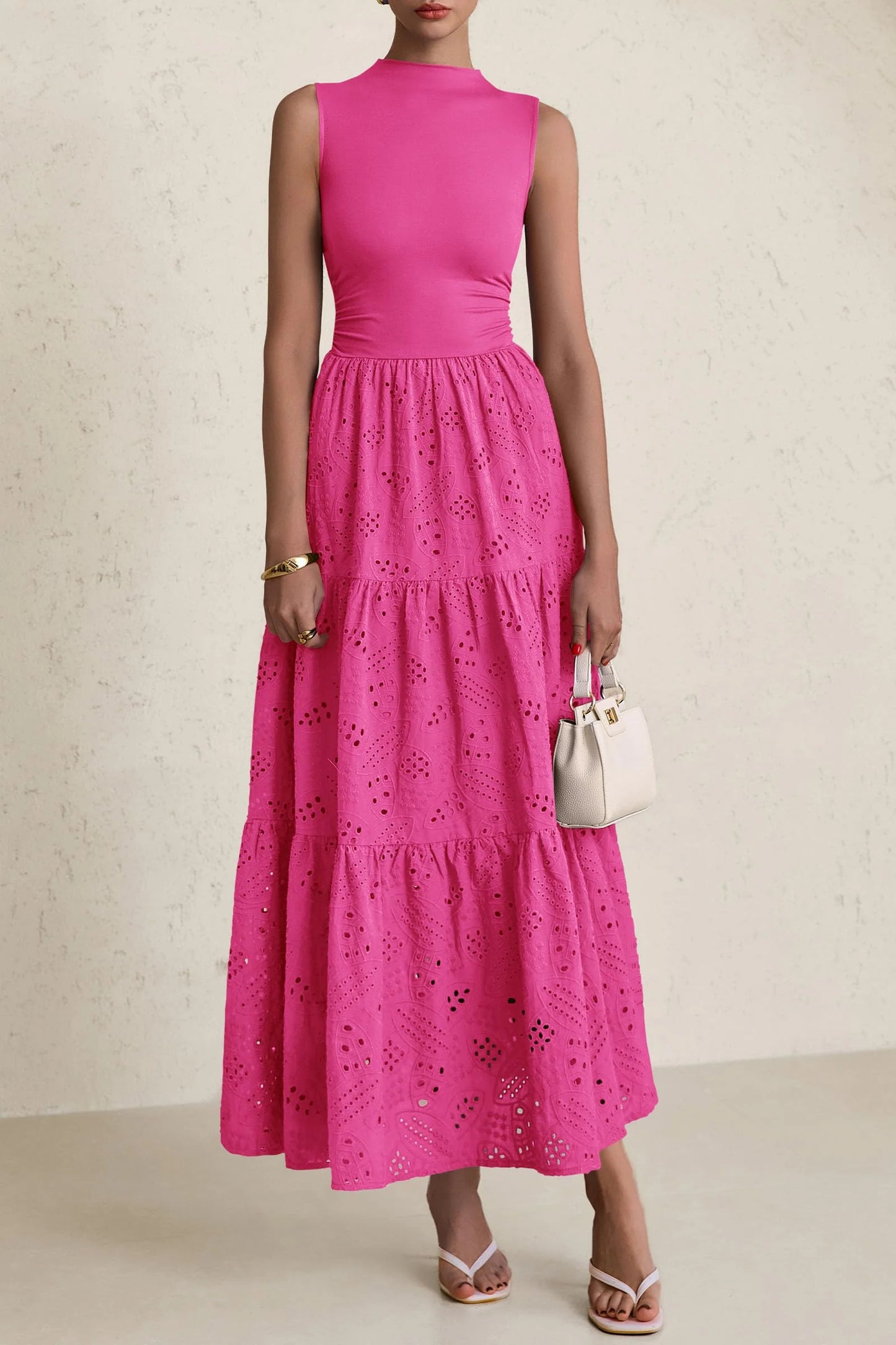Dresses for Women Casual Eyelet Sleeveless Wedding Guest Maxi Dress Tank Top Sundress with Pockets