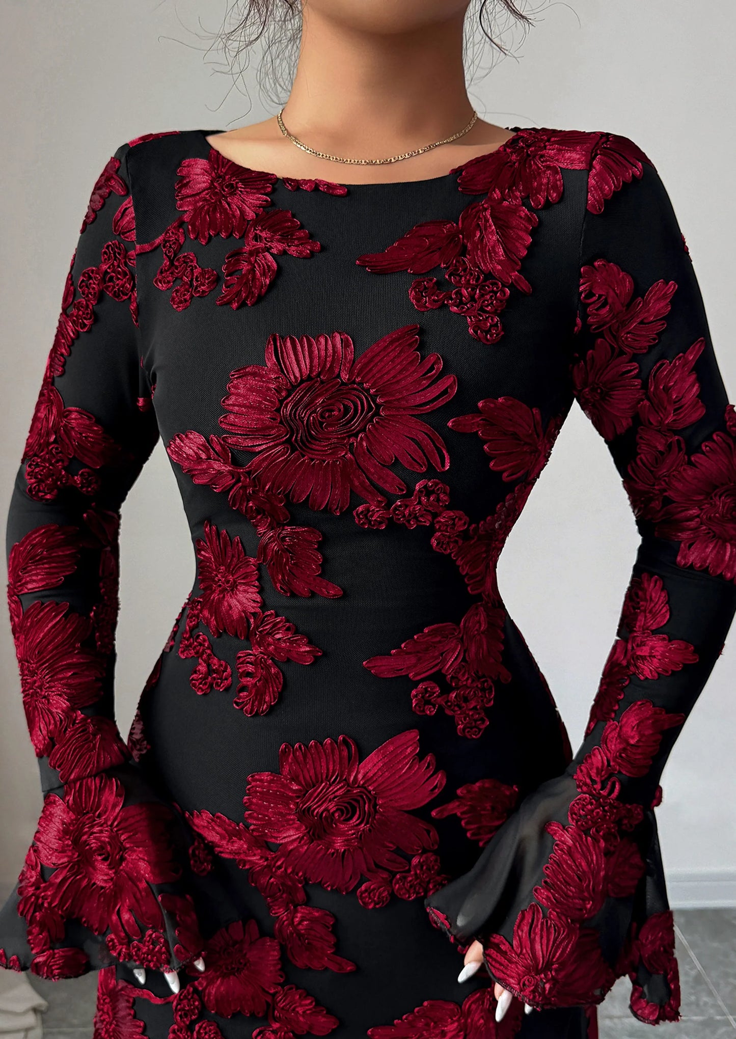 Women's Floral Embroidered Dress Fall Long Bell Sleeve Ribbon Flower Mini Short Mesh Bodycon Party Dresses