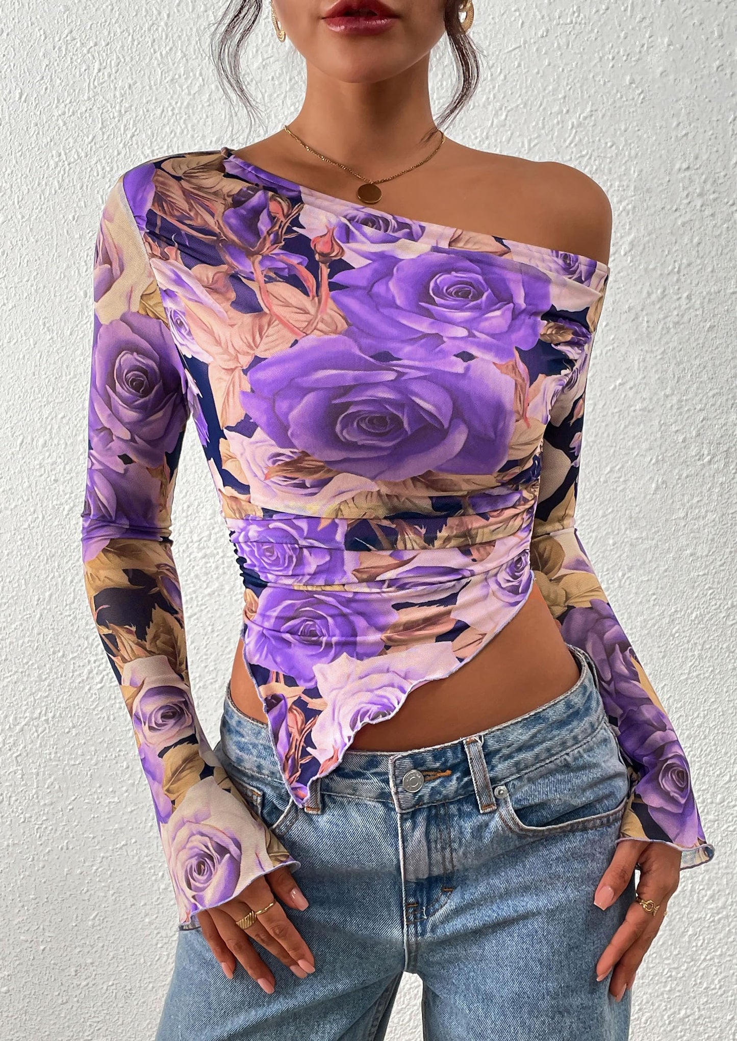 Womens Fall Trendy Off Shoulder Tops Tie Dye Mesh Long Sleeve Shirts Asymmetrical Ruched Floral Blouse