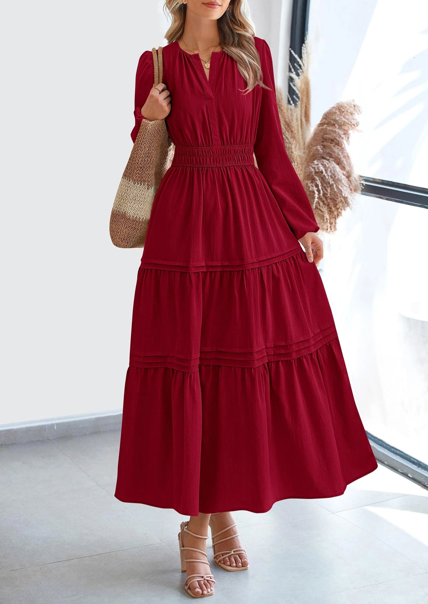 Women's Elegant Maxi Dresses Long Sleeve V Neck Flowy Pockets Casual Modest Dress Fall Fashion Clothes