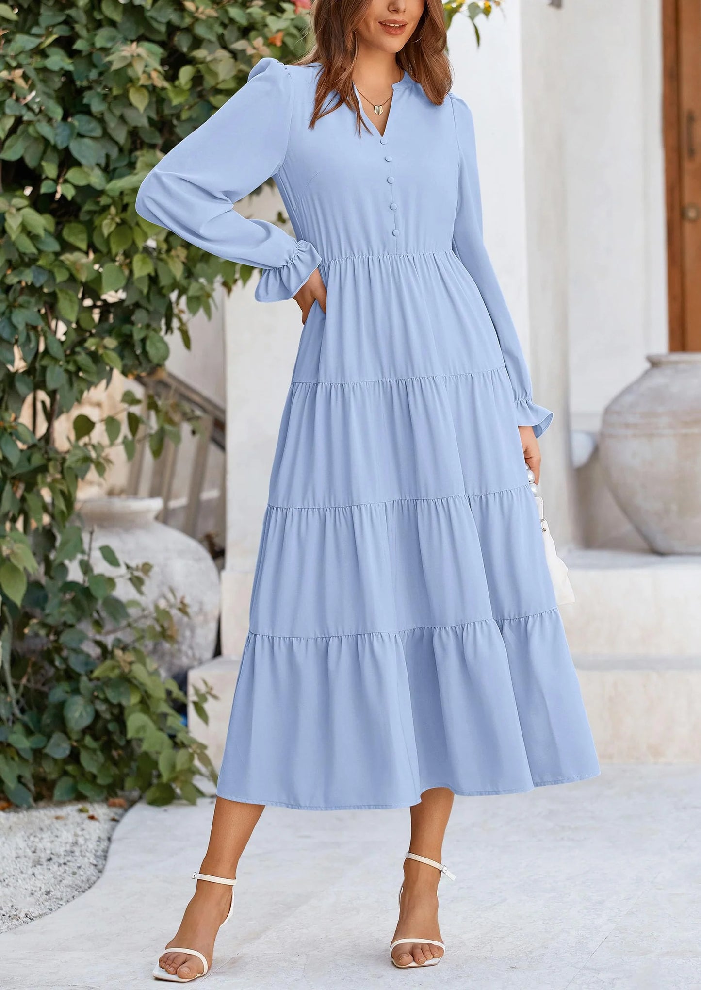 Women Fall Long Sleeve Smocked Maxi Dress Casual Square Neck Swiss Dot Tiered Ruffle Flowy Spring Pocket Dresses