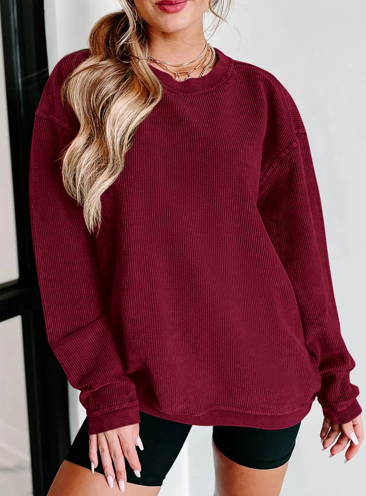 Women's Oversized Sweatshirt 2025 Fall Fashion Clothes Ribbed Corduroy Long Sleeve Going Out Pullover Tops