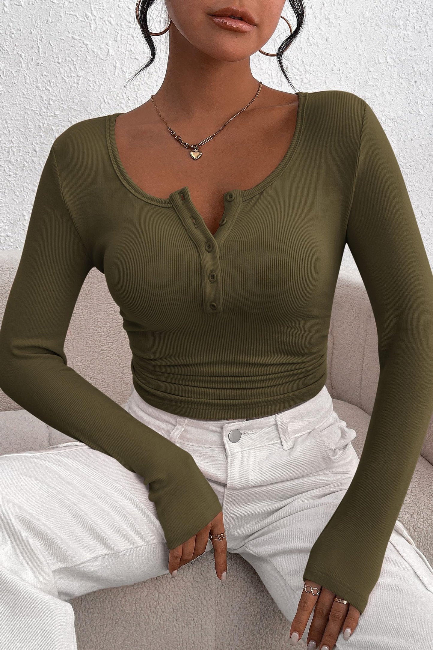 Women's Spring Fall Long Sleeve Henley T Shirts Button Ribbed Knit Slim Fit Casual Basic Tops Blouse