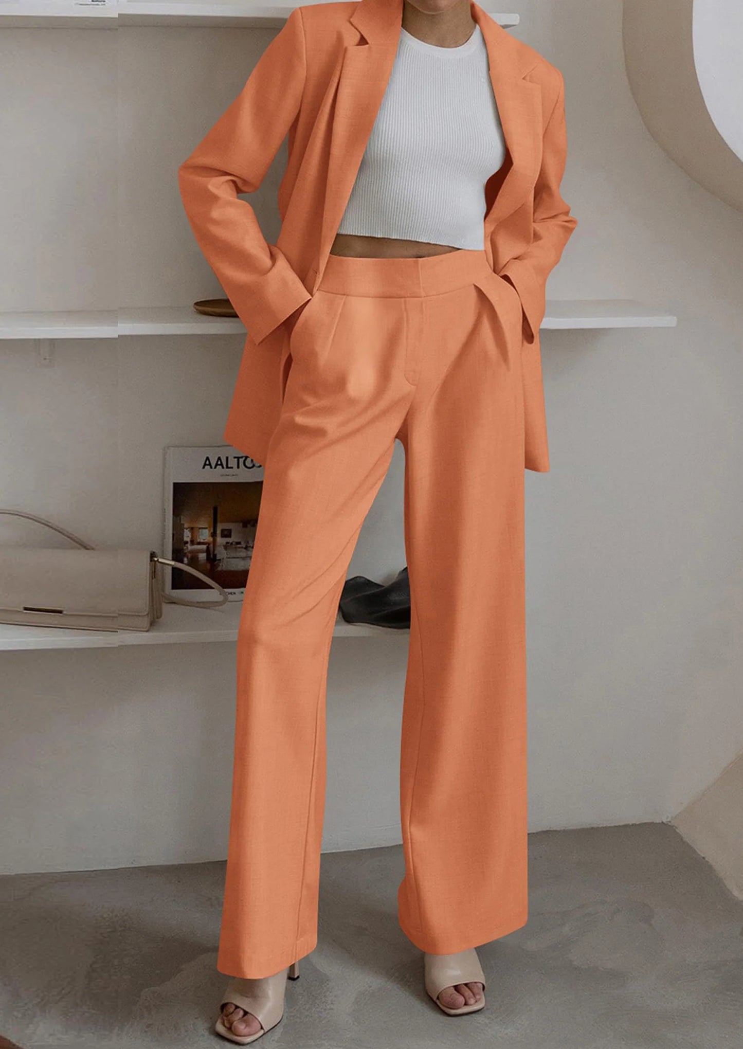 Women's Fall Two Piece Outfits Dressy Blazer Jacket and Wide Leg Pants Pockets Business Casual Office Suit Sets