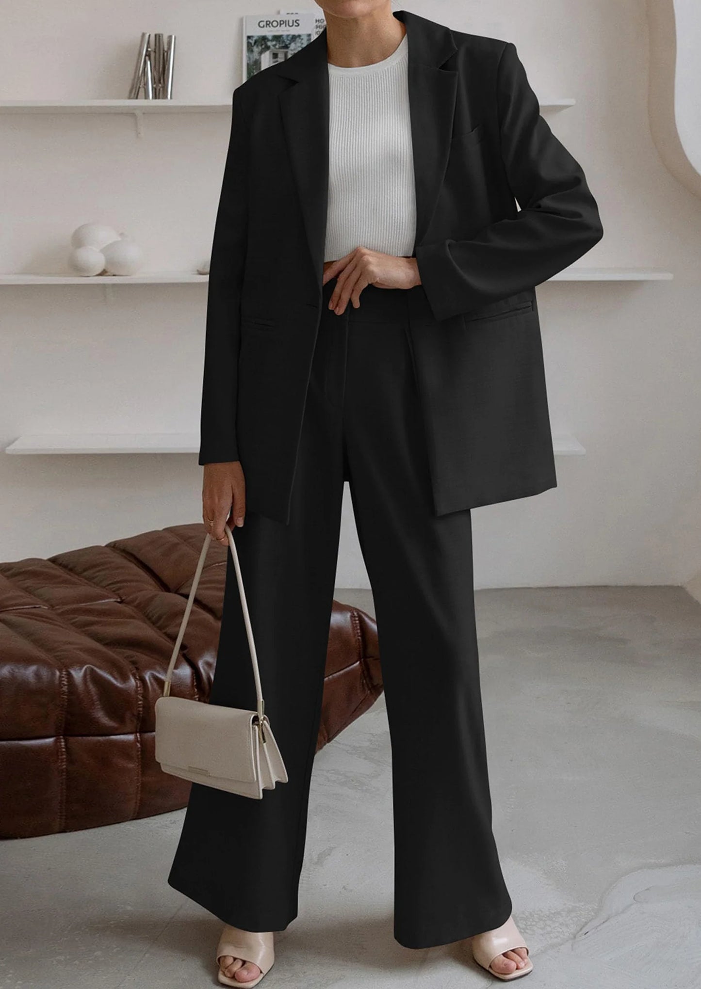 Women's Fall Two Piece Outfits Dressy Blazer Jacket and Wide Leg Pants Pockets Business Casual Office Suit Sets
