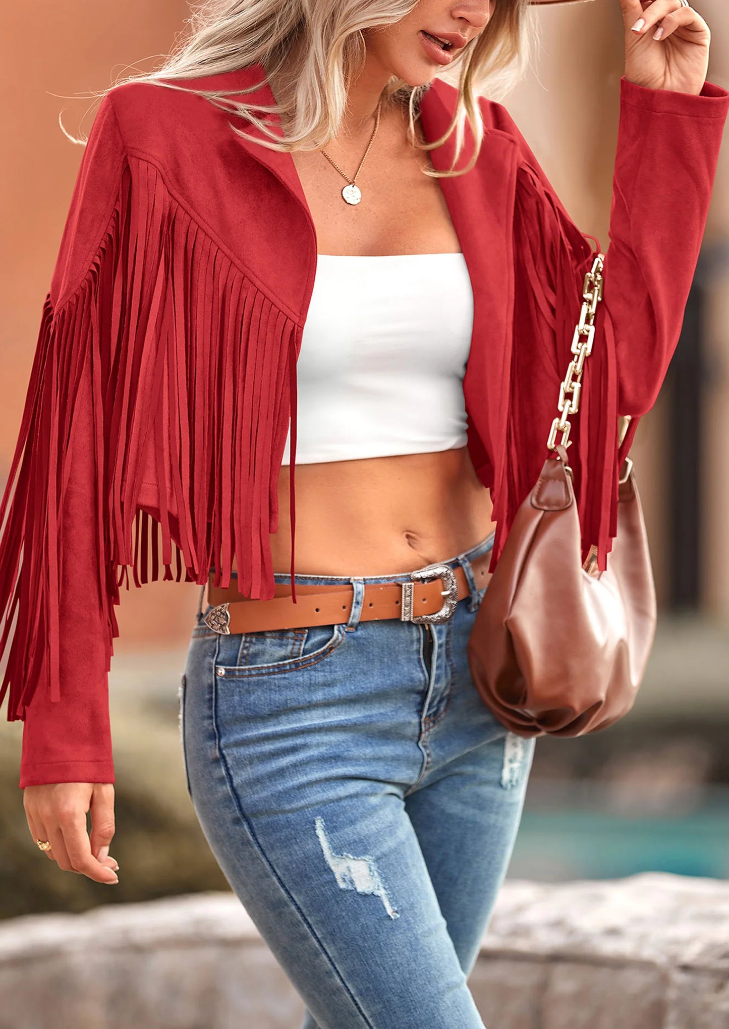 Women's Fringe Faux Suede Leather Jackets Fashion Tassel Motorcycle Cropped Coats