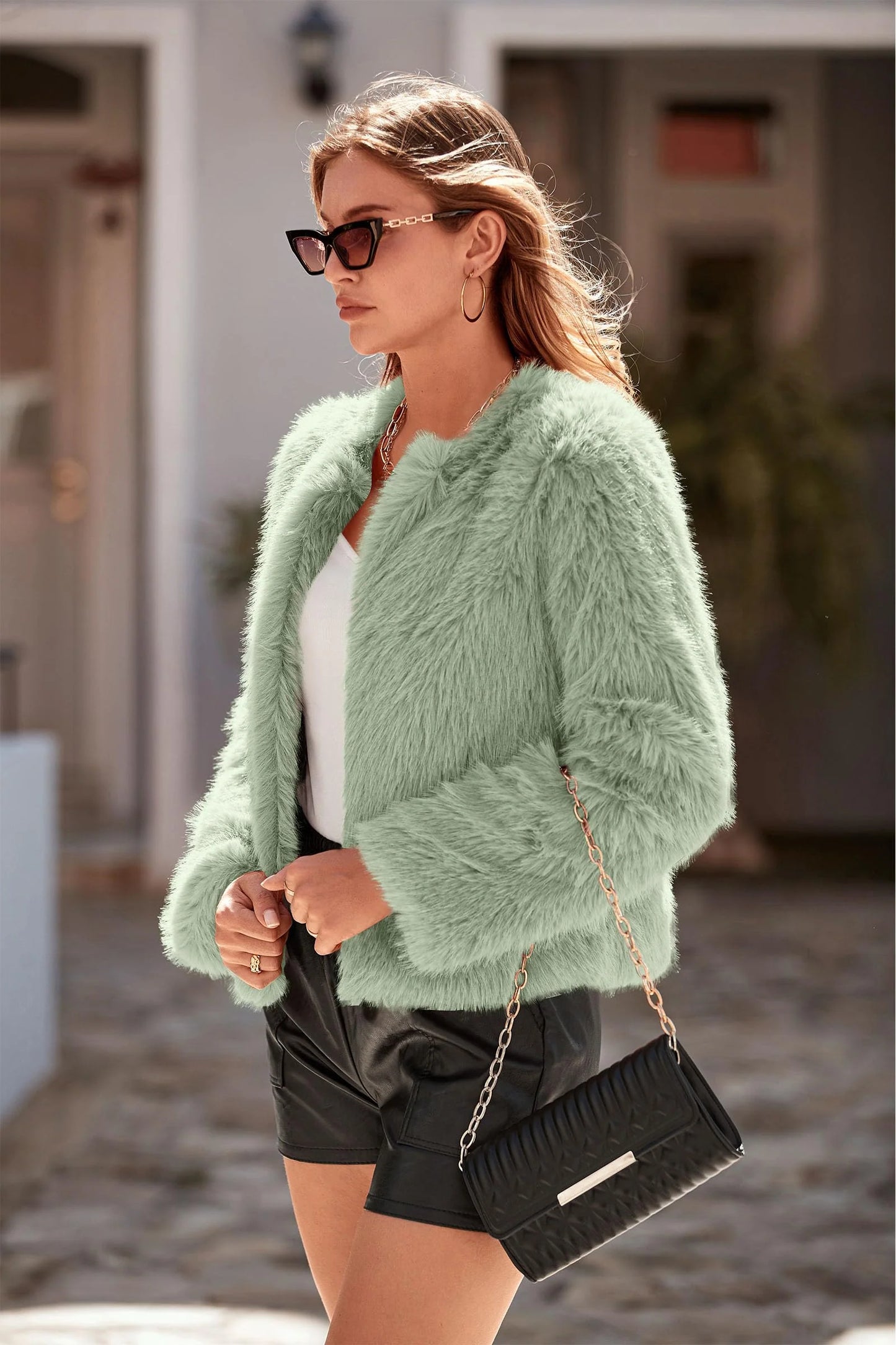 Women's Winter Coats Fleece Cropped Jacket Faux Fur Long Sleeve Pockets Shaggy Warm Outerwear Fall Clothes