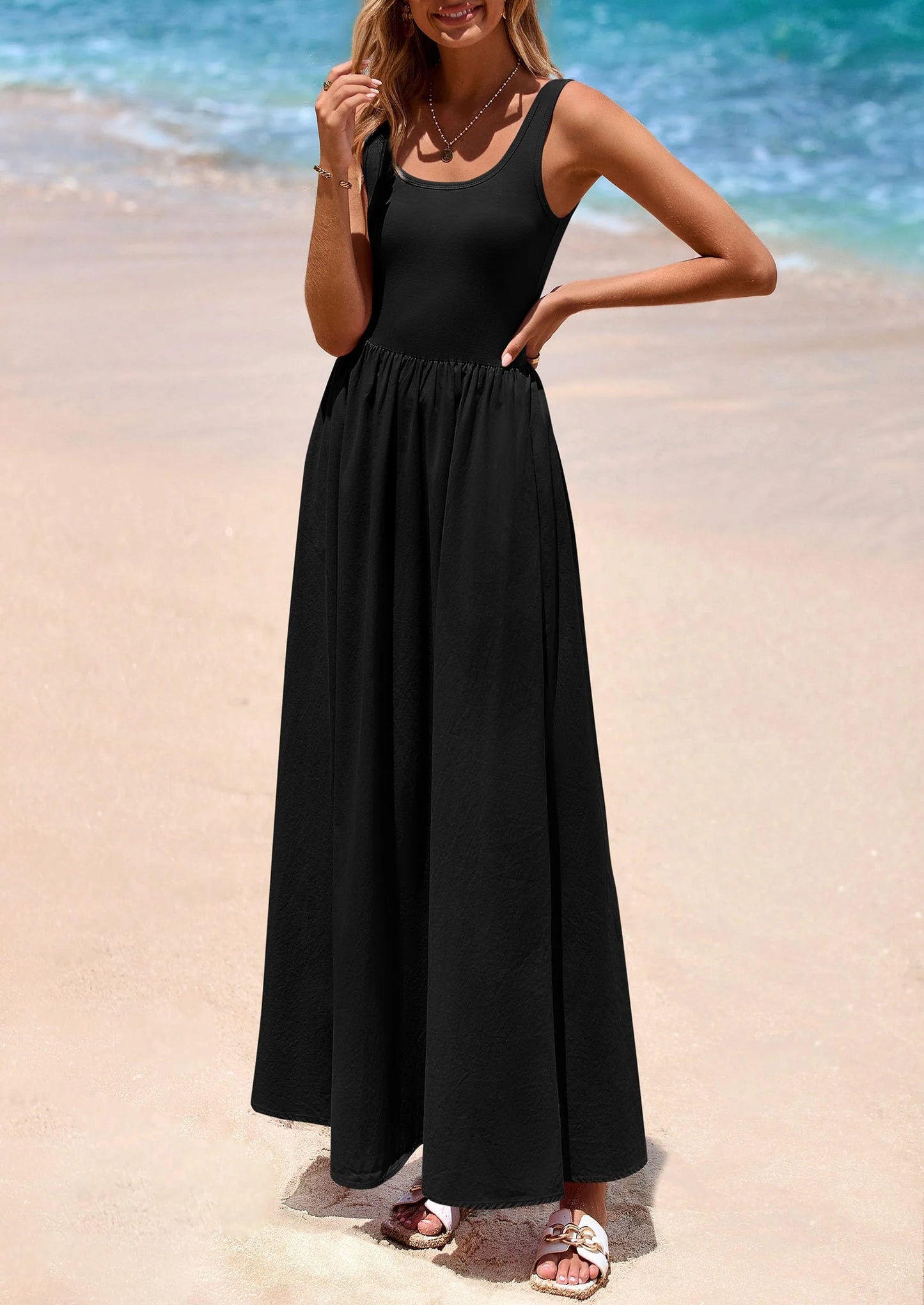 Womens Summer Casual Scoop Neck Sleeveless Long Dresses Tank Top Patchwork Aline Swing Maxi Dress with Pockets