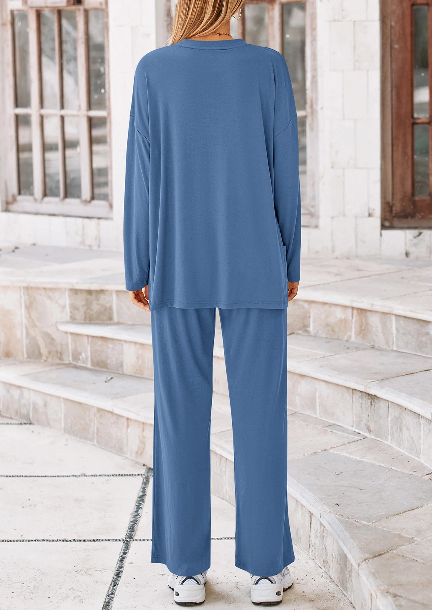 Women's Two Piece Lounge Sets Matching Long Sleeve Shirts Wide Leg Pants Tracksuits Travel Outfits Fall Clothes