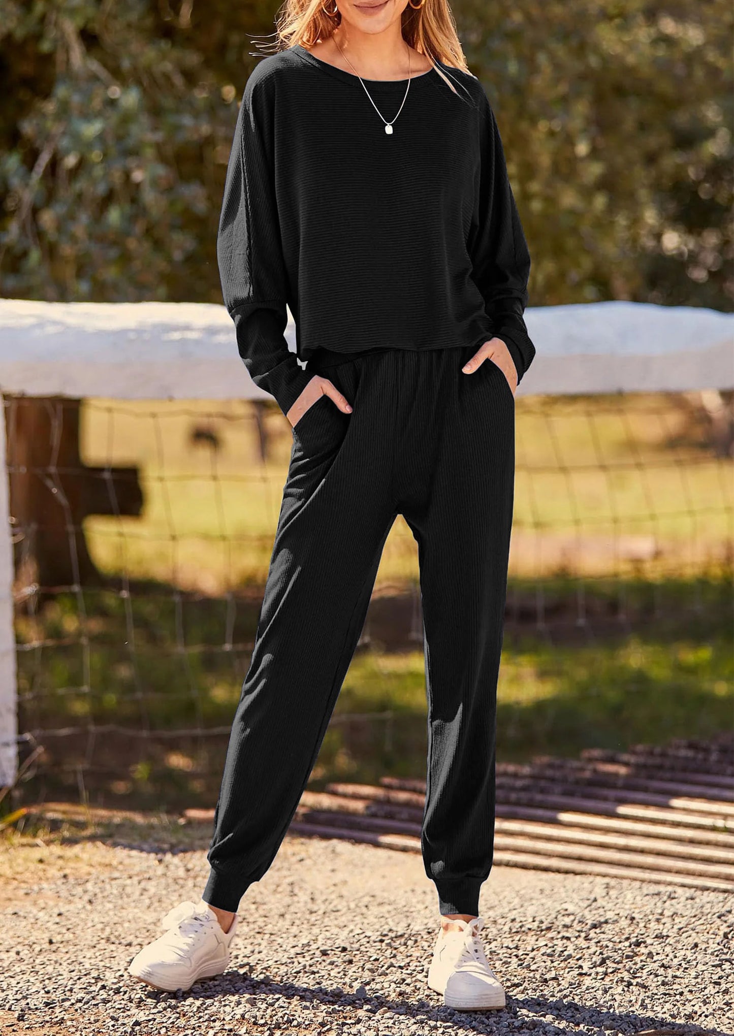 Women's Fall 2 Piece Lounge Set Long Sleeve Tops Ribbed Pants Spring Matching Sweatsuit Travel Outfits Clothes