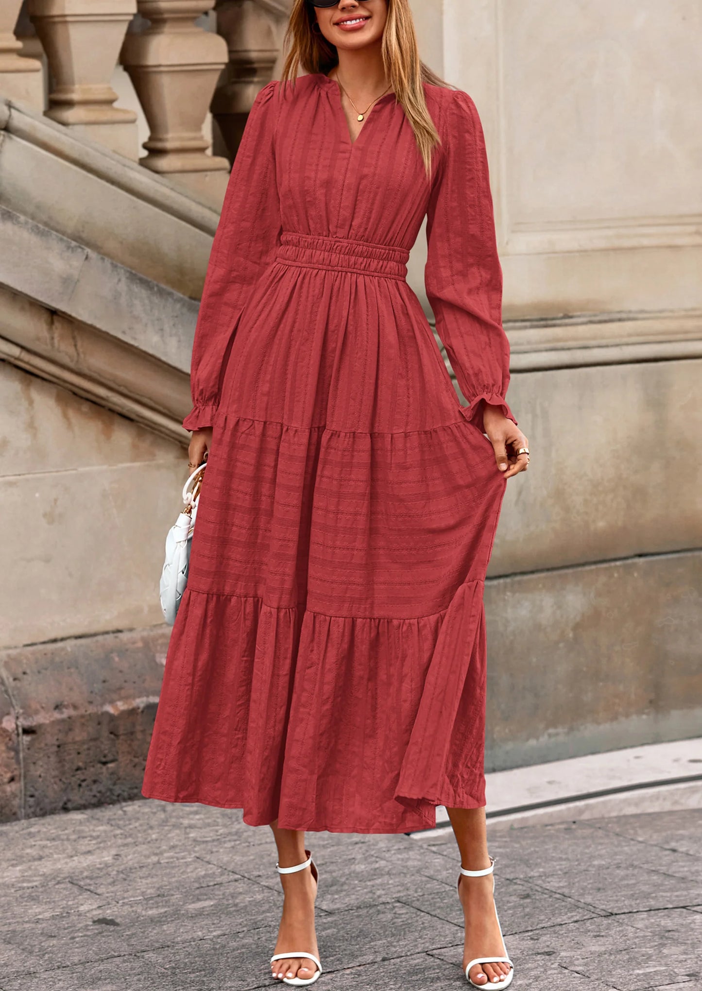 Women's Fall Wedding Guest Dresses Long Sleeve V Neck Flowy Elegant Holiday Party Maxi Dress with Pockets