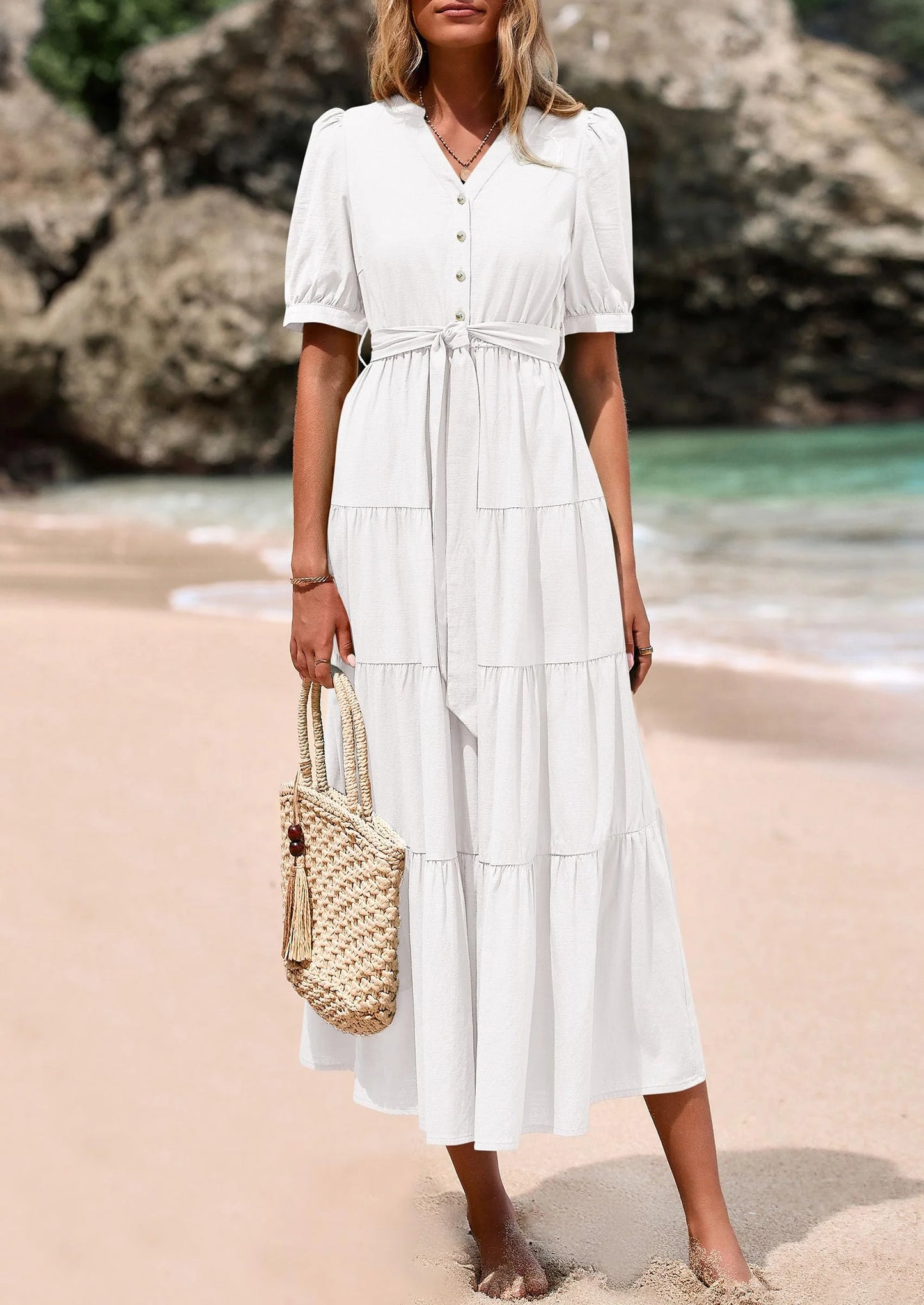 Women's Midi Dress Casual Short Sleeve V Neck Buttons Belted Ruffle A Line Flowy Dress with Pockets
