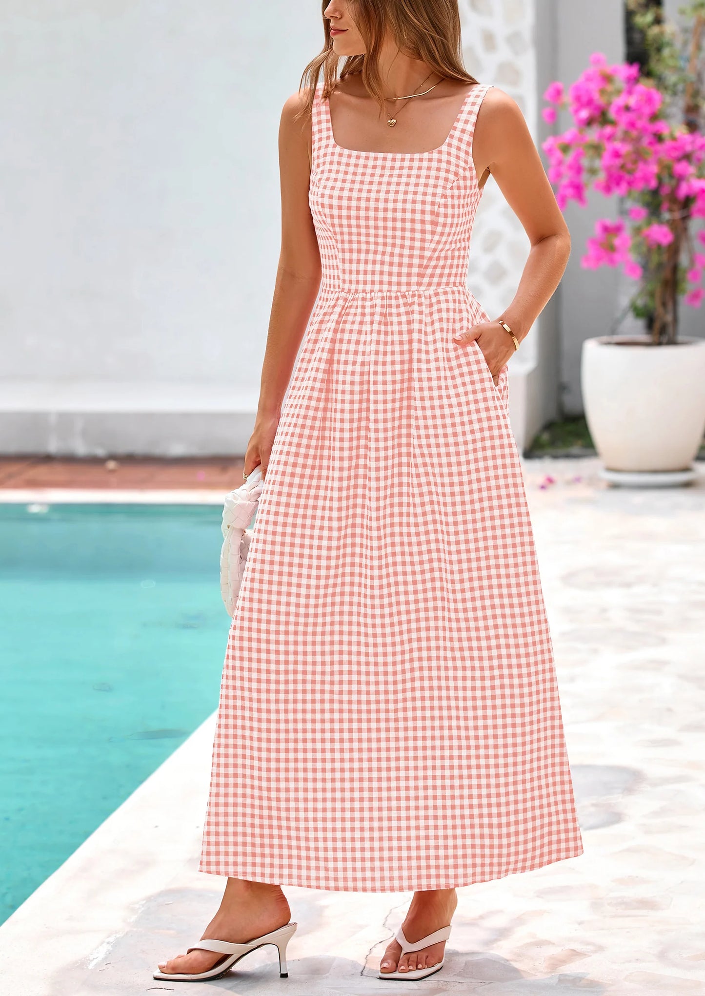 Women's Summer Spaghetti Strap Maxi Dresses Plaid Square Neck A Line Casual Beach Vacation Long Sundress