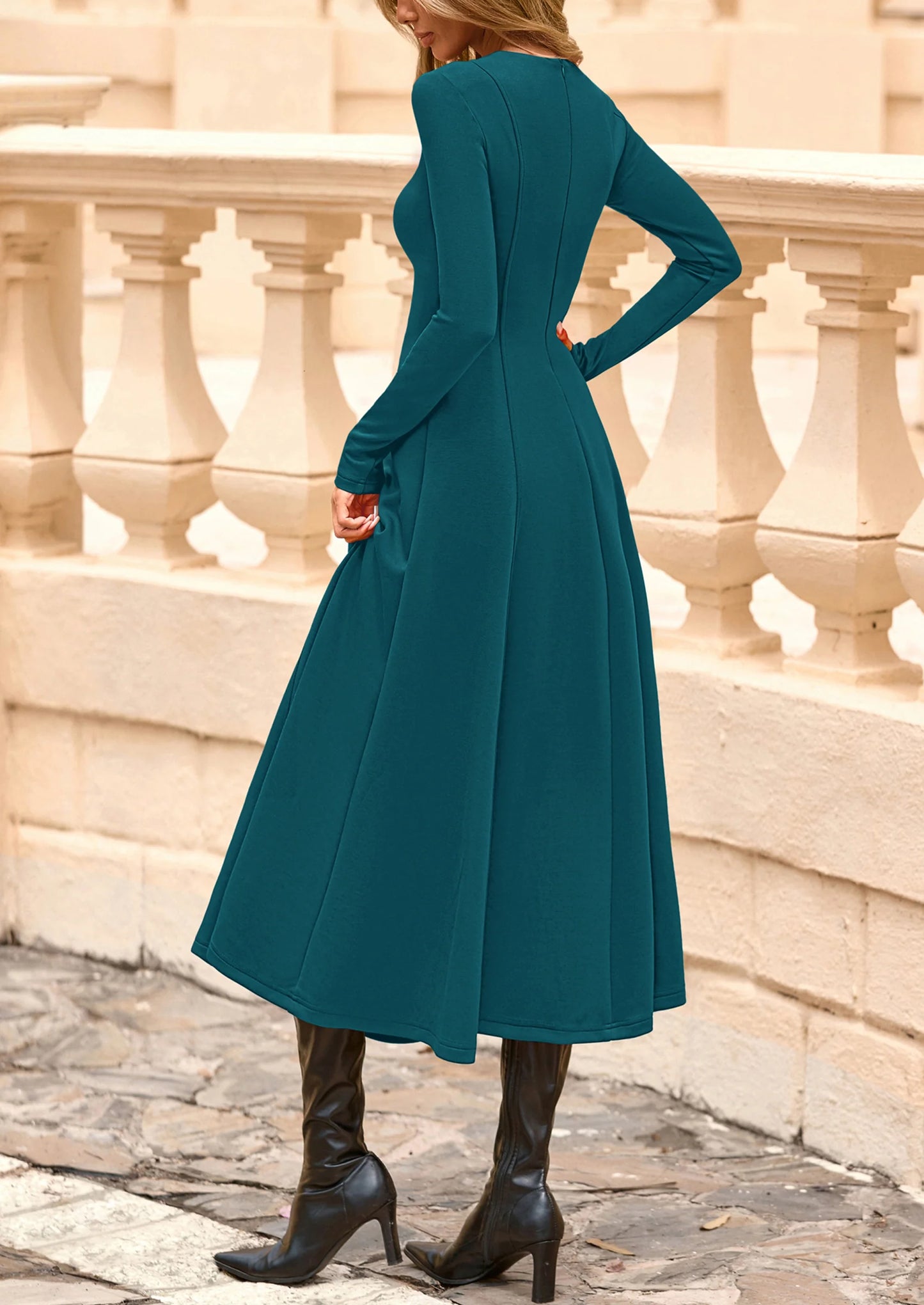 Women's Fall Long Sleeve Midi Dress Casual Elegant Ruffle Flowy A Line Swing Cocktail Party Dresses