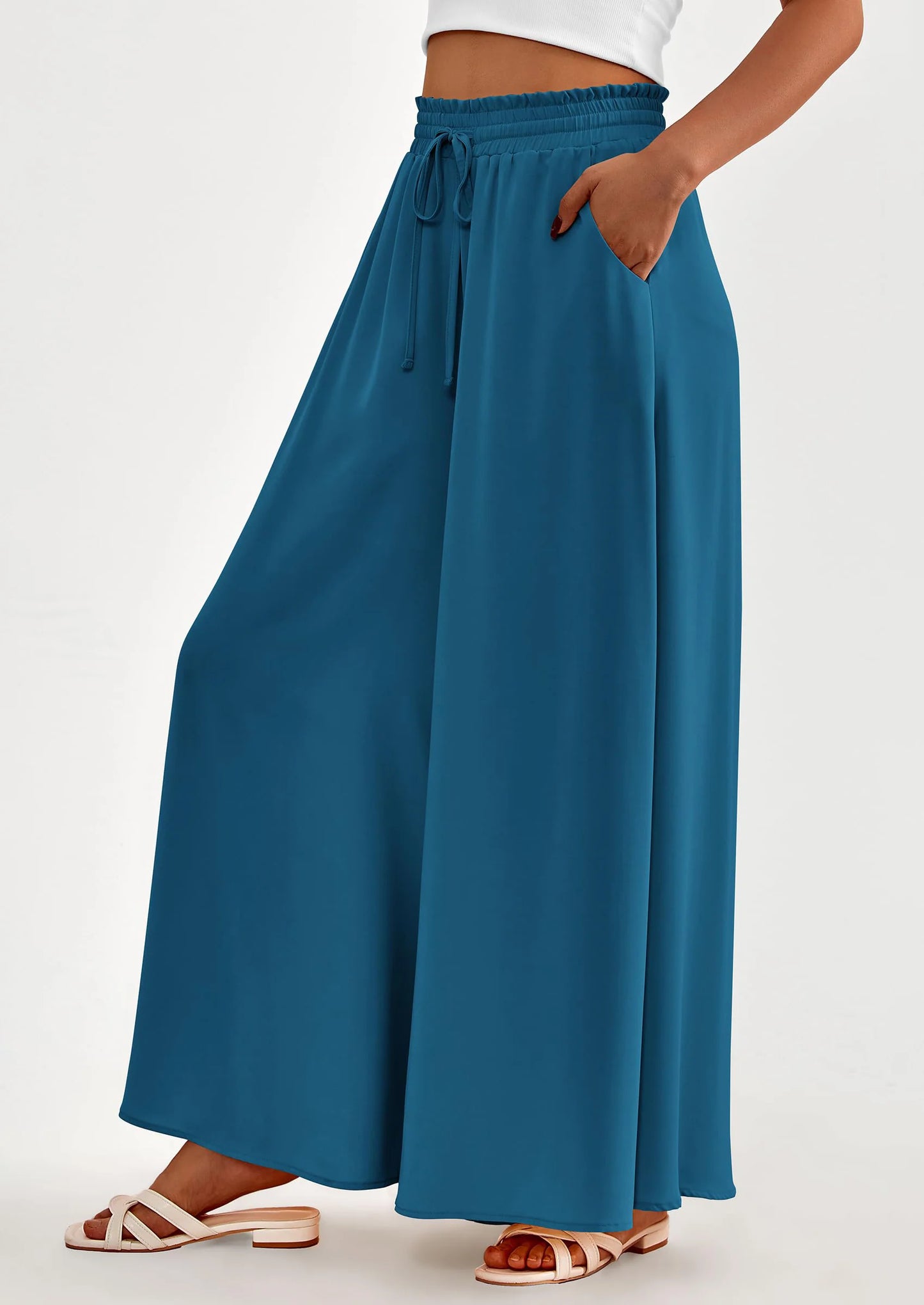 Women's Summer Wide Leg Palazzo Pants High Waisted Flowy Pockets Trendy Casual Lounge Boho Beach Trousers