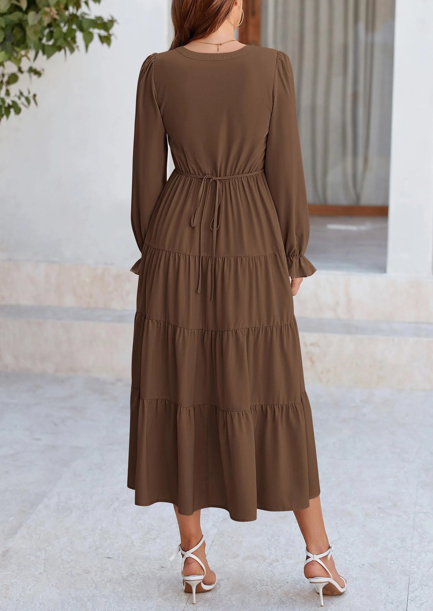 Women Fall Long Sleeve Smocked Maxi Dress Casual Square Neck Swiss Dot Tiered Ruffle Flowy Spring Pocket Dresses