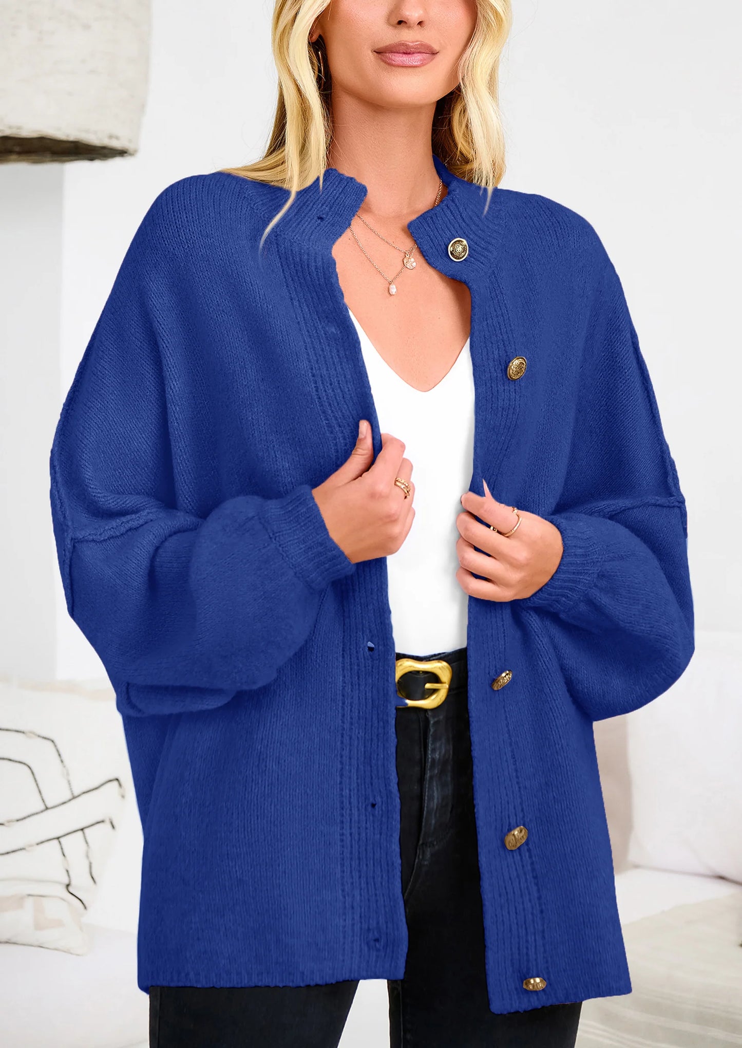 Women's Winter Button Down Cardigan Sweaters Mock Neck Lantern Long Sleeve Chunky Knit Jacket Trendy Outerwear