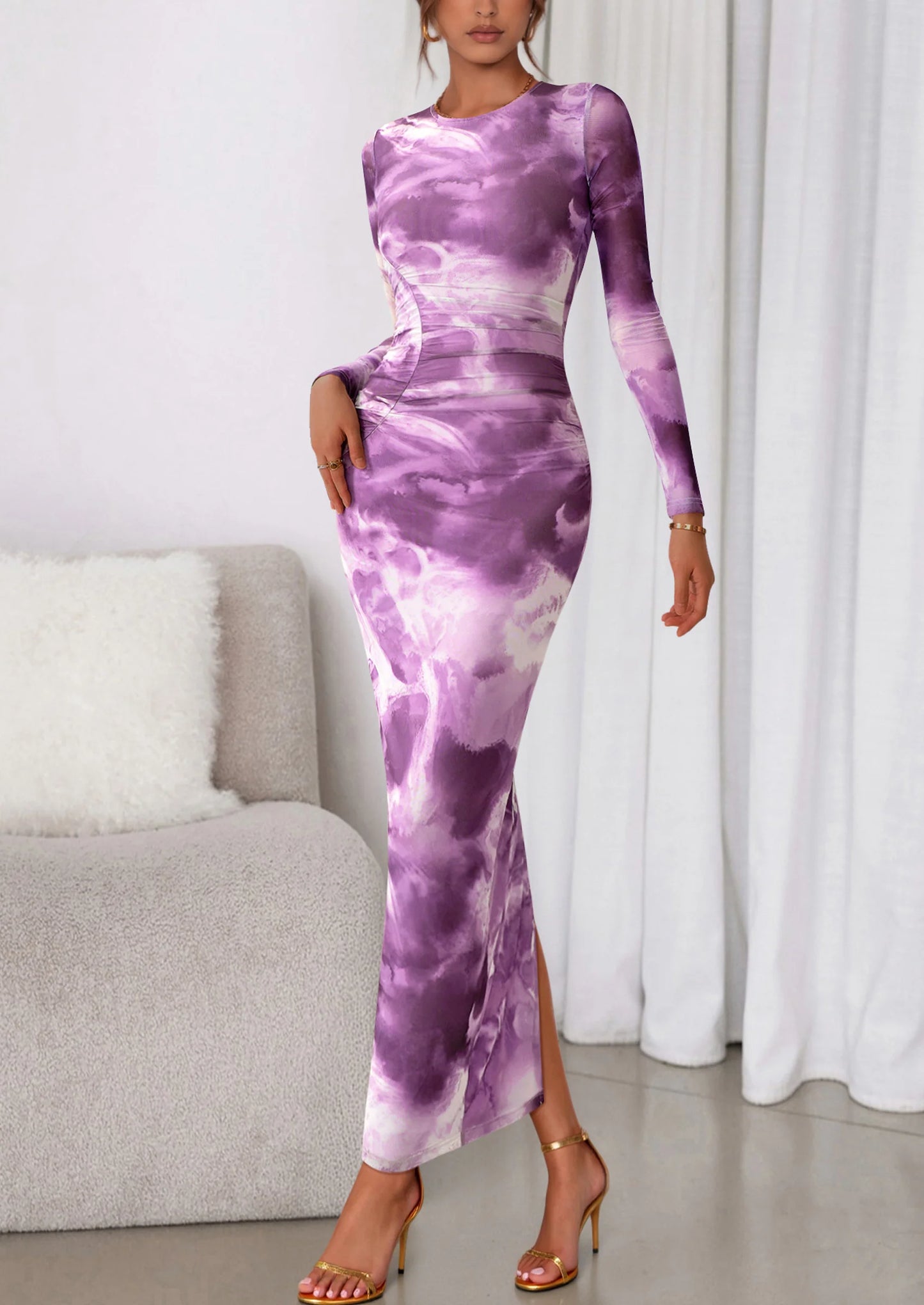 Women's Fall Wedding Guest Dresses Long Sleeve Fitted Ruched Slit Bodycon Mesh Floral Party Maxi Dress