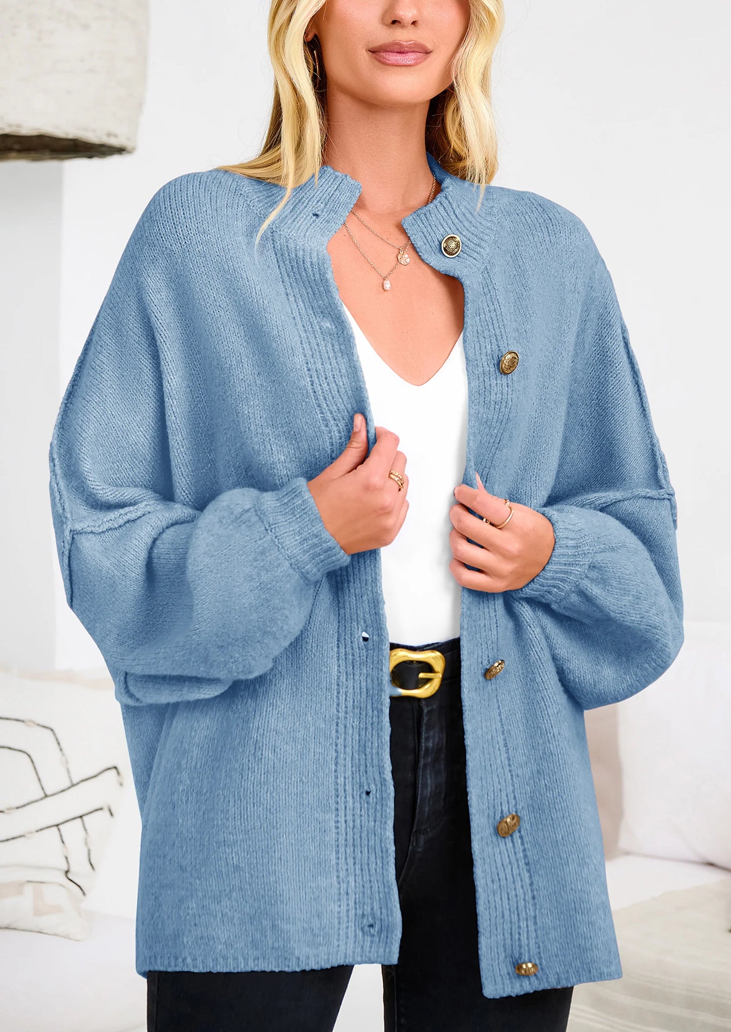 Women's Winter Button Down Cardigan Sweaters Mock Neck Lantern Long Sleeve Chunky Knit Jacket Trendy Outerwear