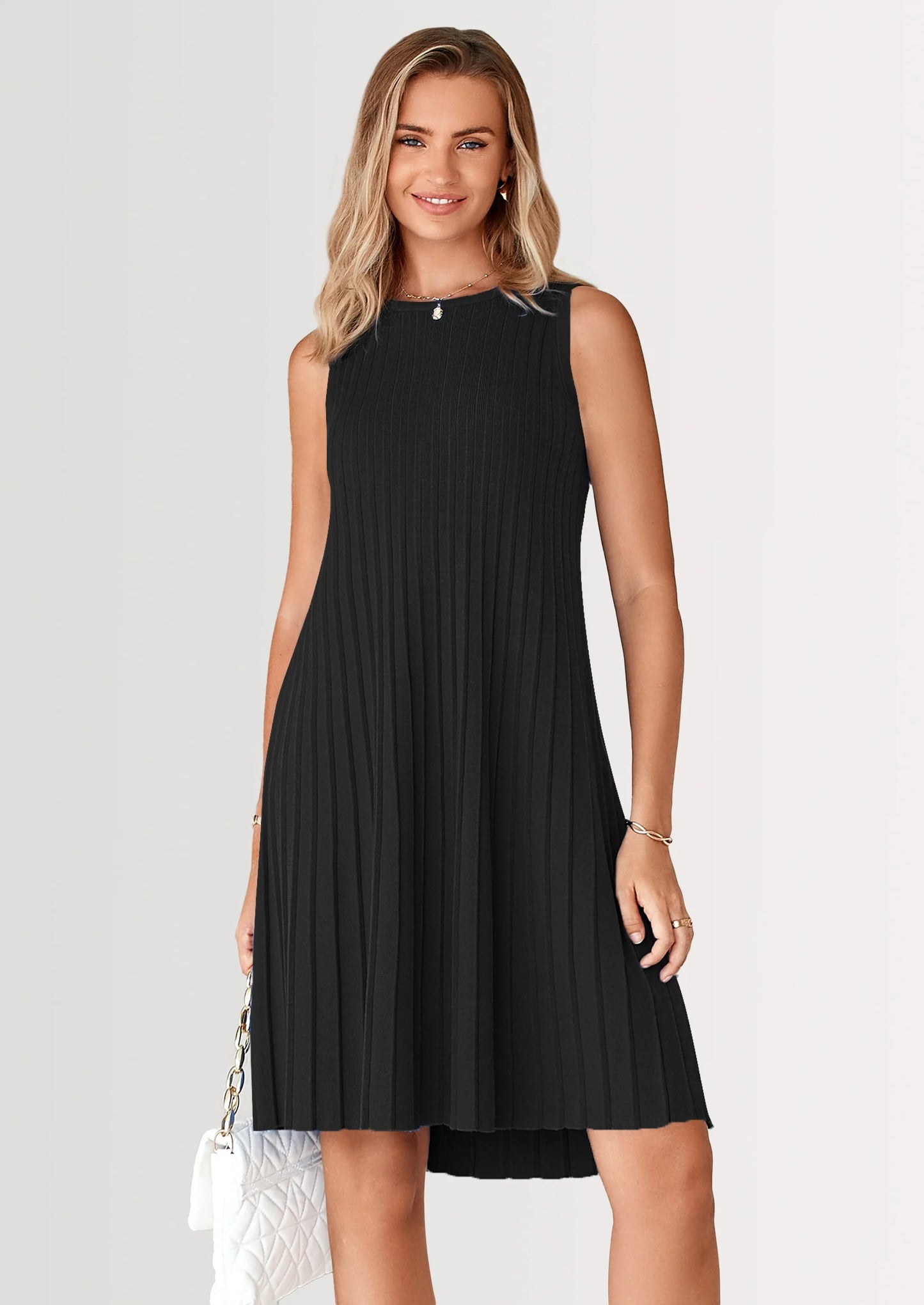 Womens Summer Sleeveless Mini Dress Crewneck Loose Tank A Line Pleated Swing Flowy Party Dresses