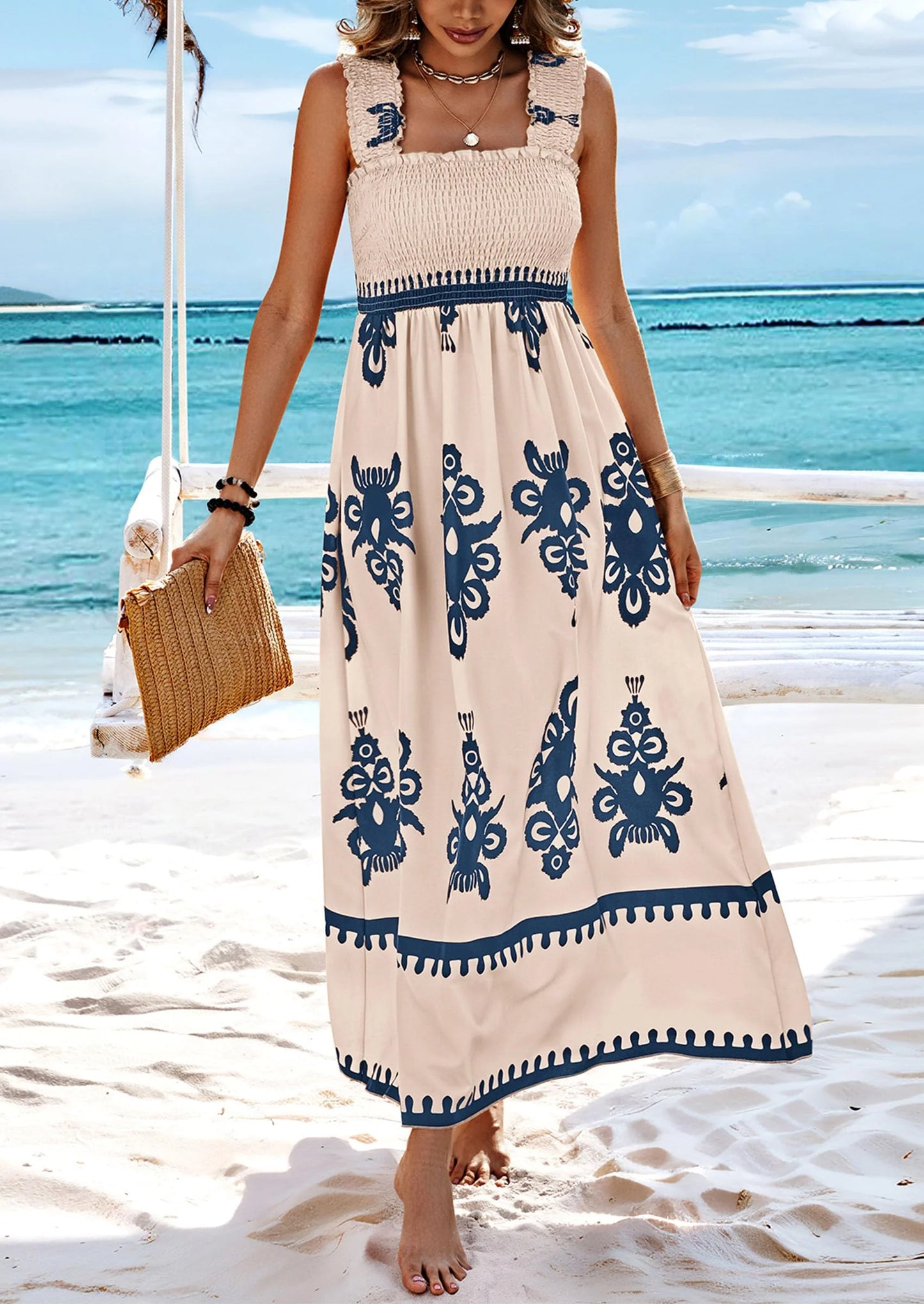 Womens Summer Boho Maxi Dress Casual Sleeveless Square Neck Floral Aline Smocked Beach Dresses with Pockets