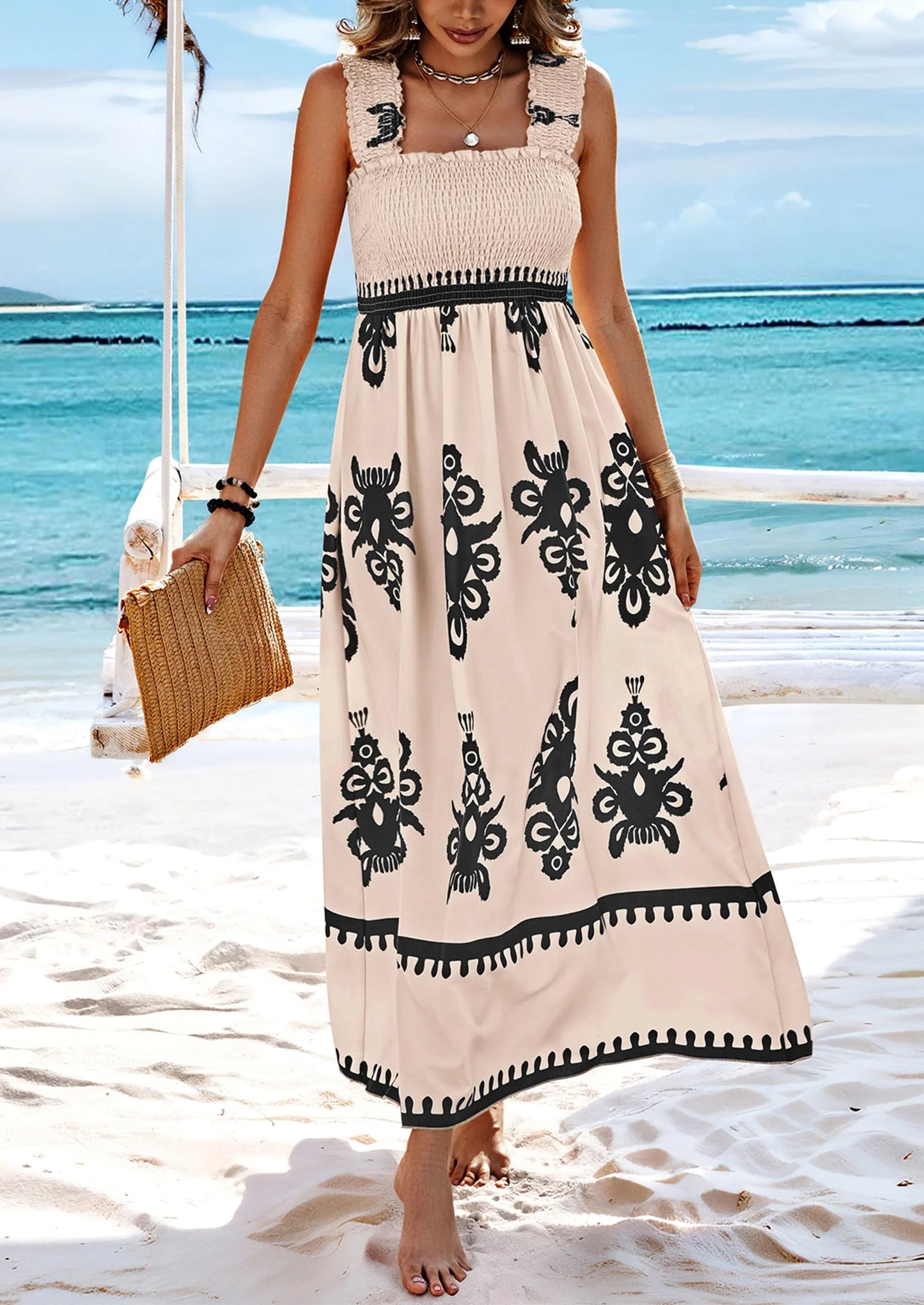 Womens Summer Boho Maxi Dress Casual Sleeveless Square Neck Floral Aline Smocked Beach Dresses with Pockets