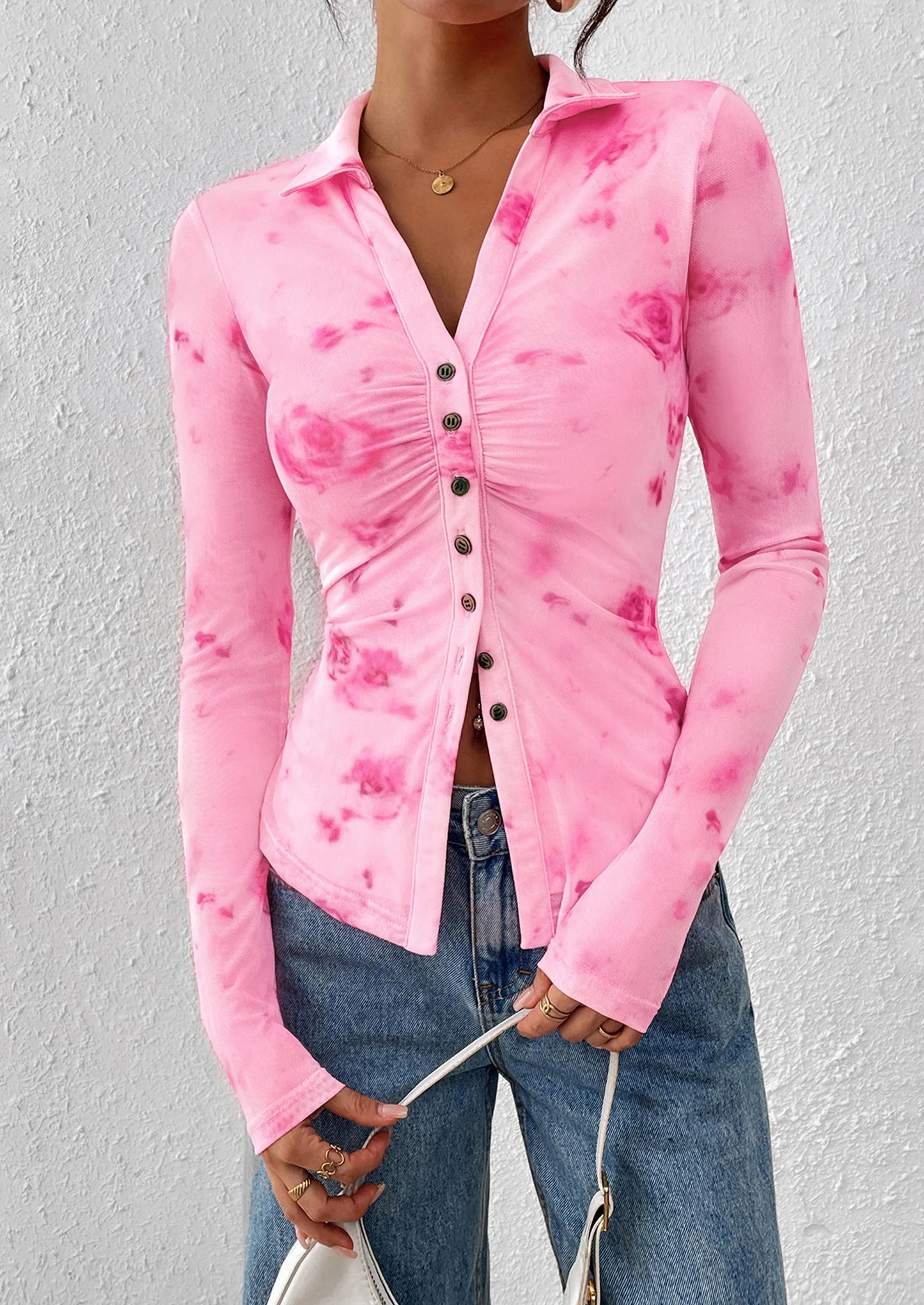 Women Button Down Floral Shirts Fall Trendy Long Sleeve V Neck Ruched Fitted Mesh Blouse Tops Date Outfits