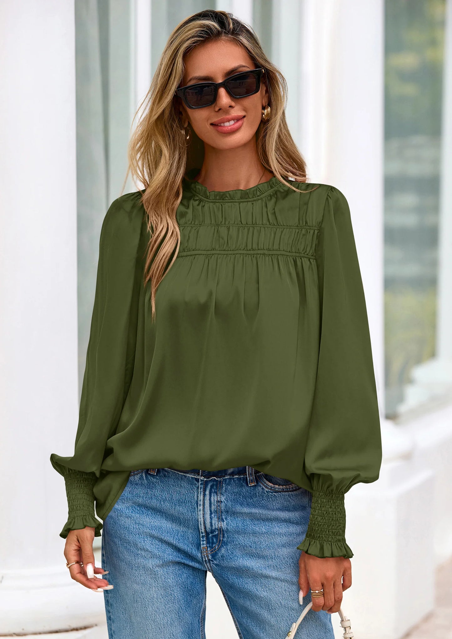Blouses for Women Dressy Casual Fall Outfits Frill Neck Long Sleeve Shirts Satin Work Business Casual Tops