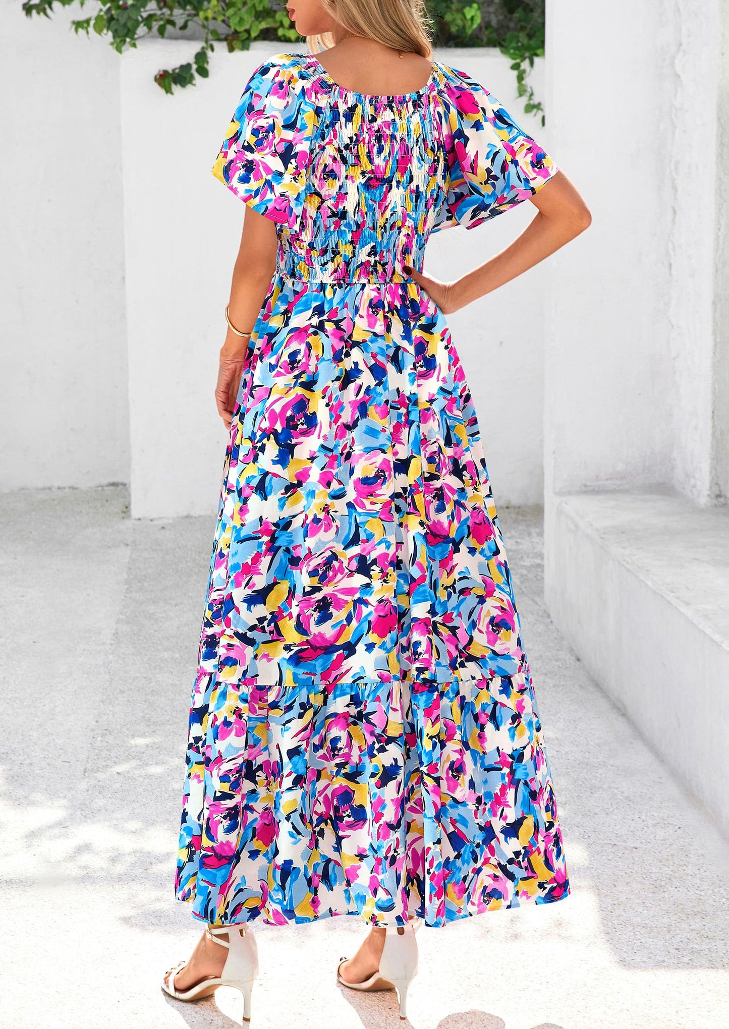 Women Floral Boho Maxi Dresses Short Sleeve V Neck Smocked A Line Long Flowy Beach Vacation Dress