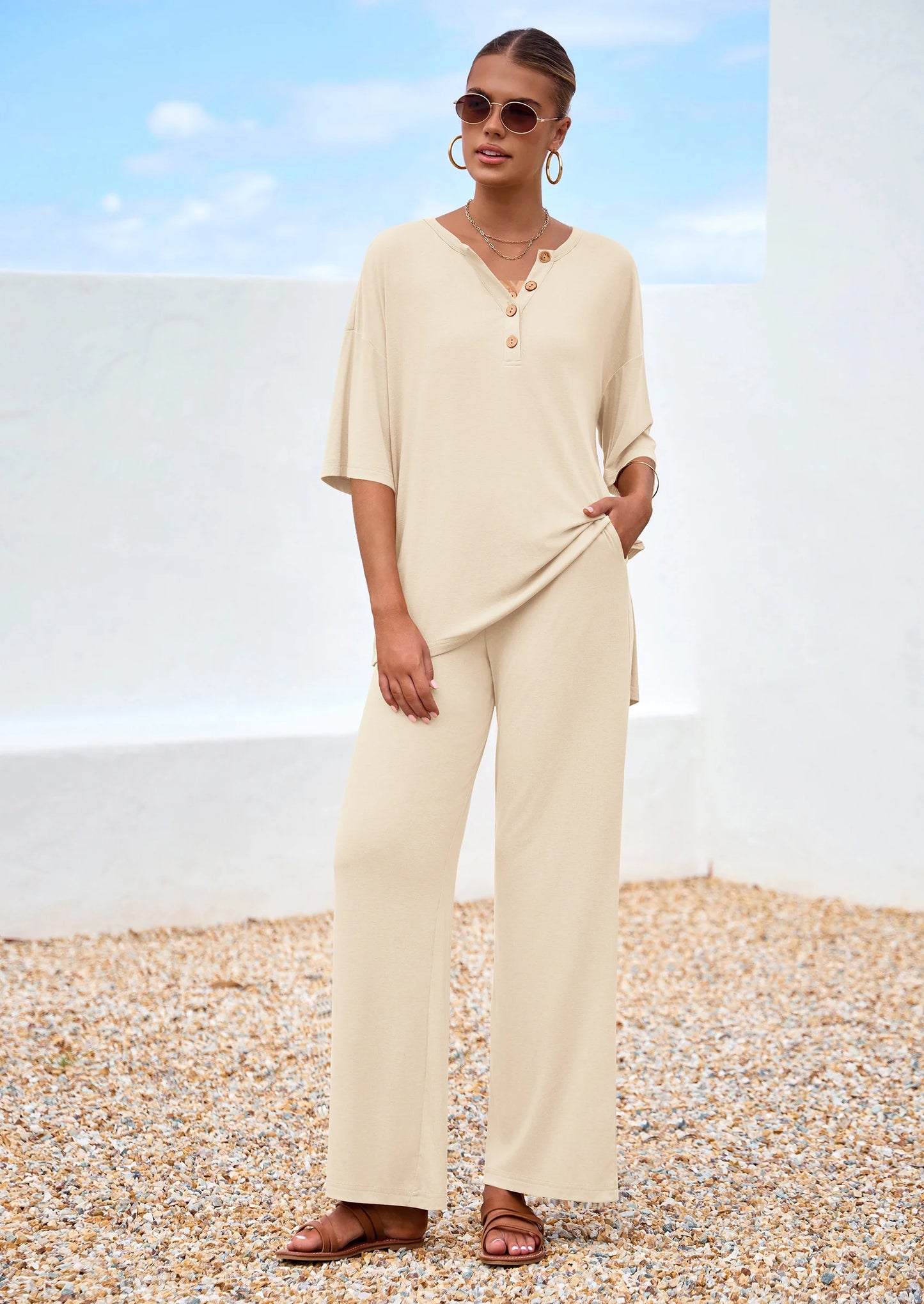 Women's 2 Piece Outfits Summer Casual V Neck Short Sleeve Tops Wide Leg Pants Matching Lounge Sets