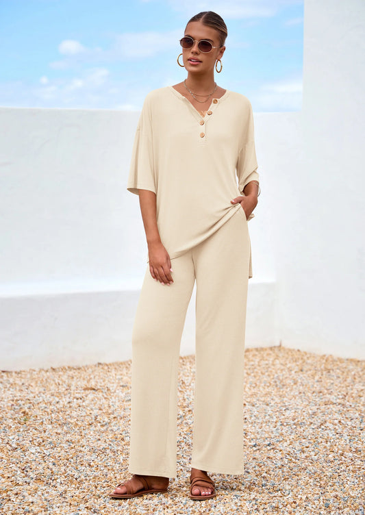 Women's 2 Piece Outfits Summer Casual V Neck Short Sleeve Tops Wide Leg Pants Matching Lounge Sets
