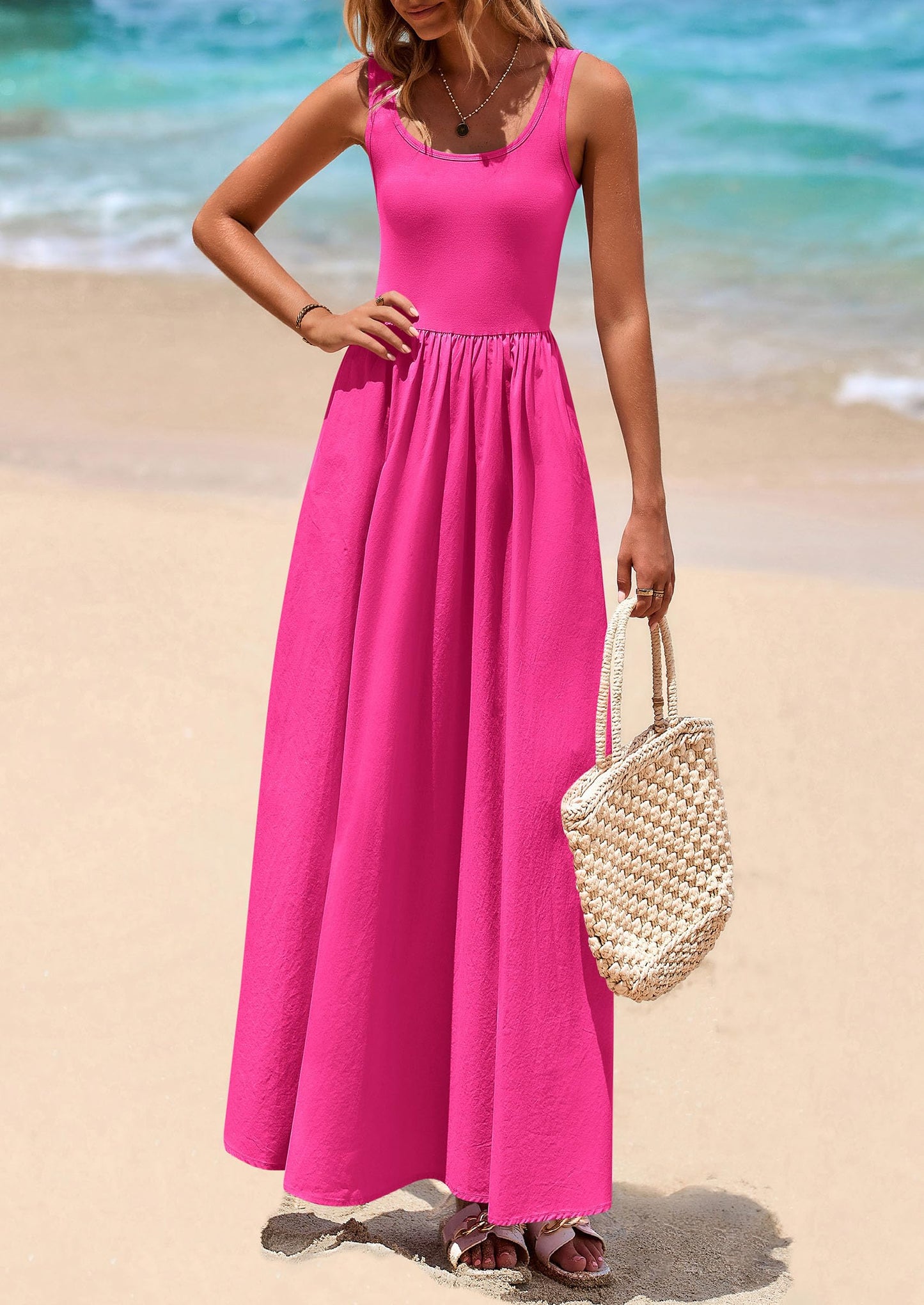 Womens Summer Casual Scoop Neck Sleeveless Long Dresses Tank Top Patchwork Aline Swing Maxi Dress with Pockets