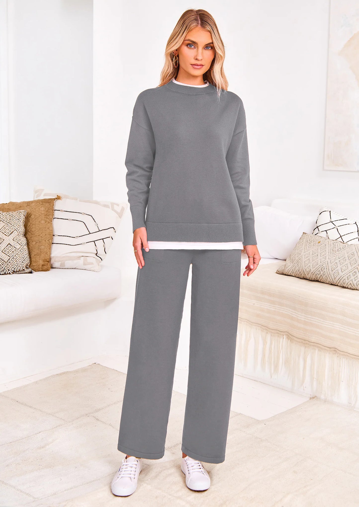 Two Piece Matching Sweater Lounge Sets Knit Long Sleeve Pullover Tops Wide Leg Pants