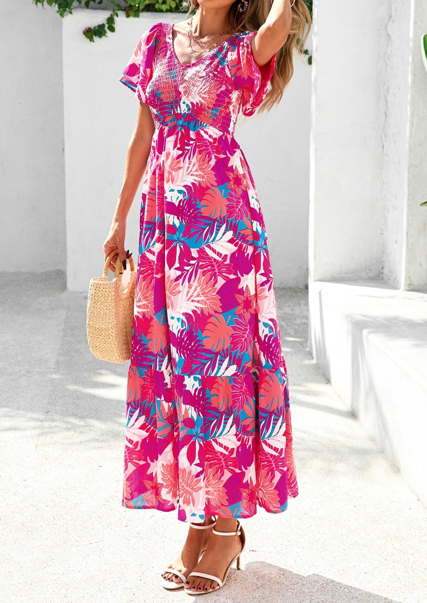 Women Floral Boho Maxi Dresses Short Sleeve V Neck Smocked A Line Long Flowy Beach Vacation Dress