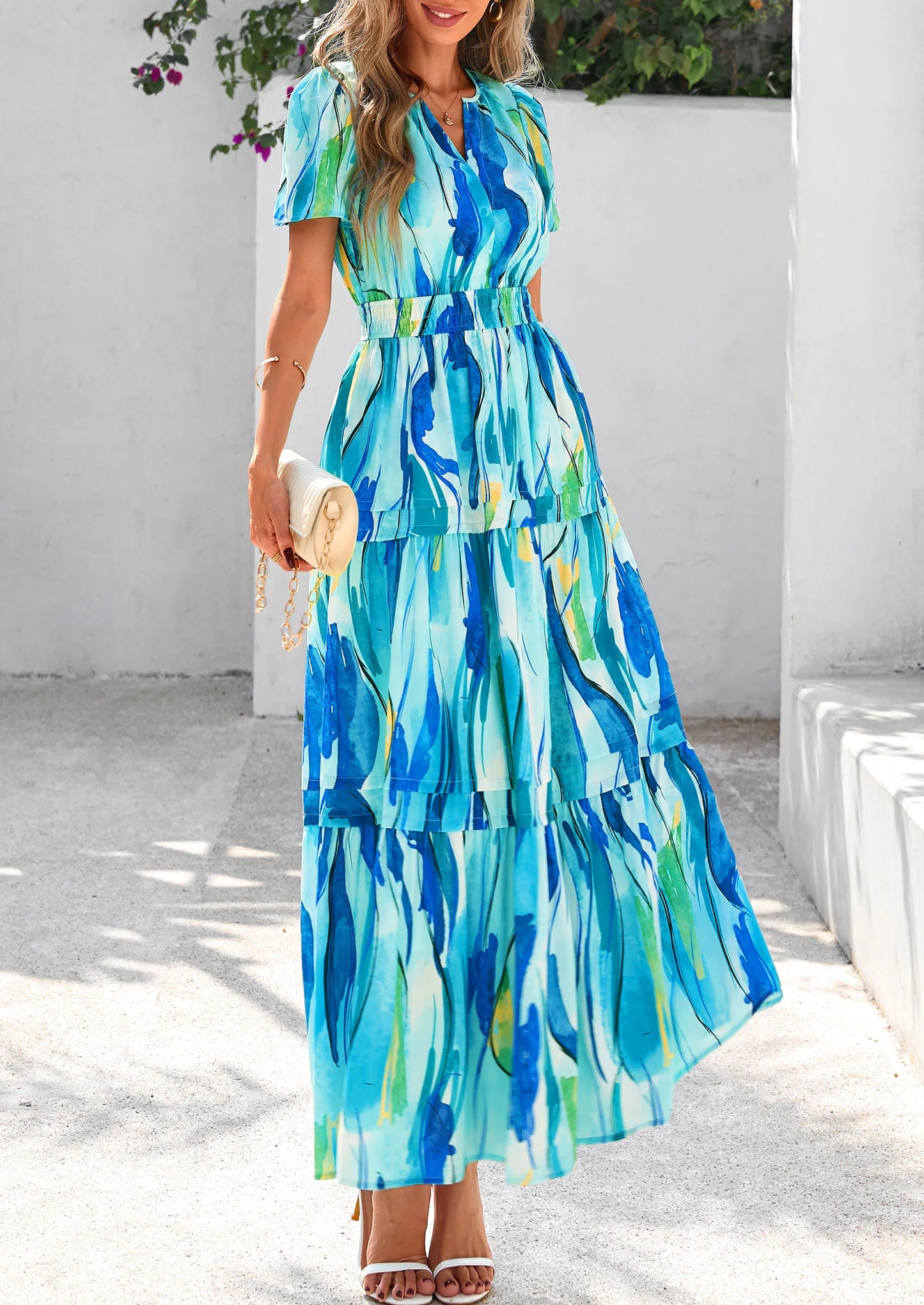 Women's Boho Maxi Dresses Floral Short Sleeve V Neck A Line Tiered Flowy Long Beach Vacation Dress