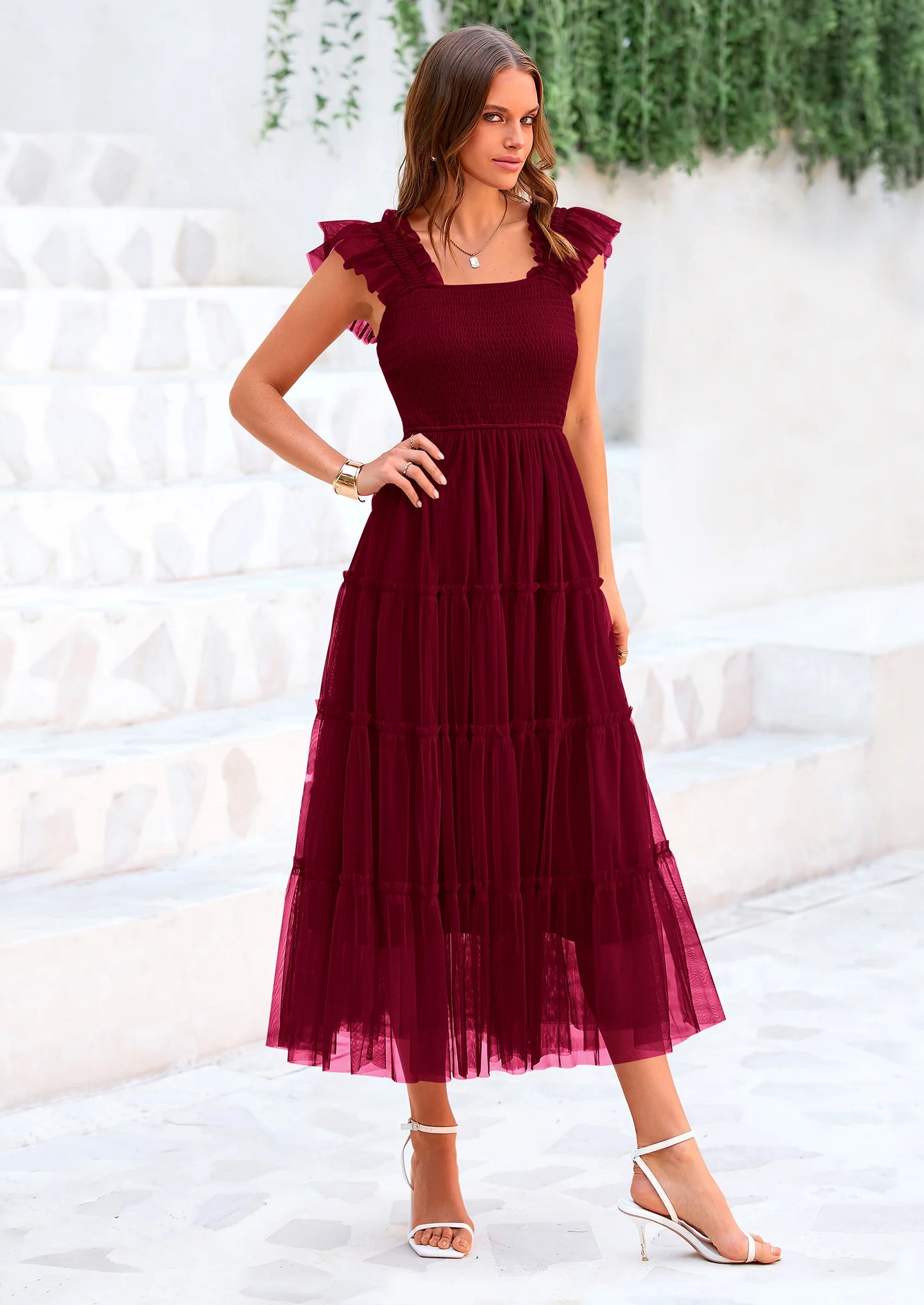 Women's Tulle Midi Dress Sleeveless Smocked Ruffle Mesh Flowy Dresses Party Wedding Guest Sundress