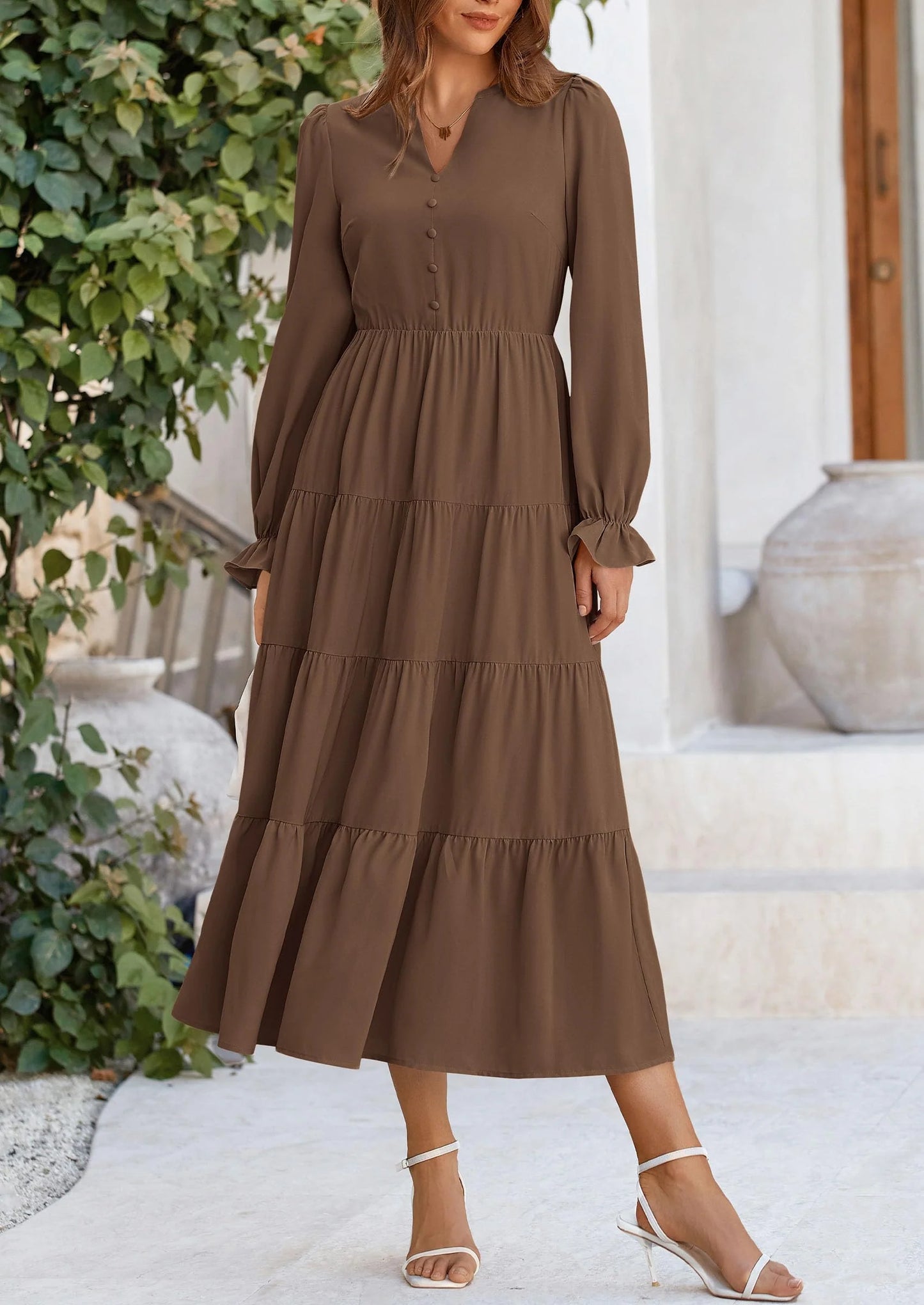 Women Fall Long Sleeve Smocked Maxi Dress Casual Square Neck Swiss Dot Tiered Ruffle Flowy Spring Pocket Dresses