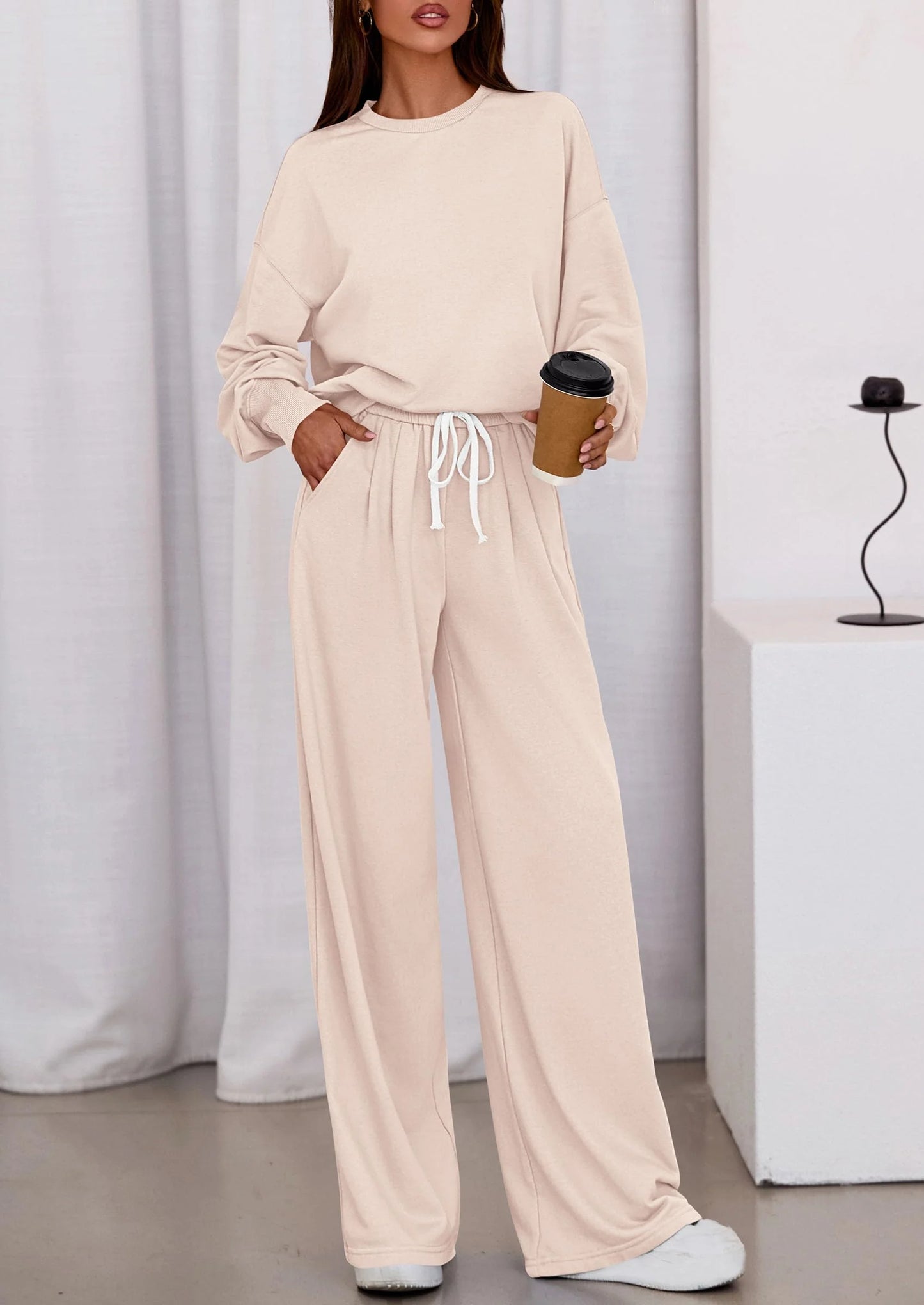 Womens 2 Piece Sets Long Sleeve Sweatshirt Wide Leg Pants Loose Matching Lounge Set Trendy Fall Outfits