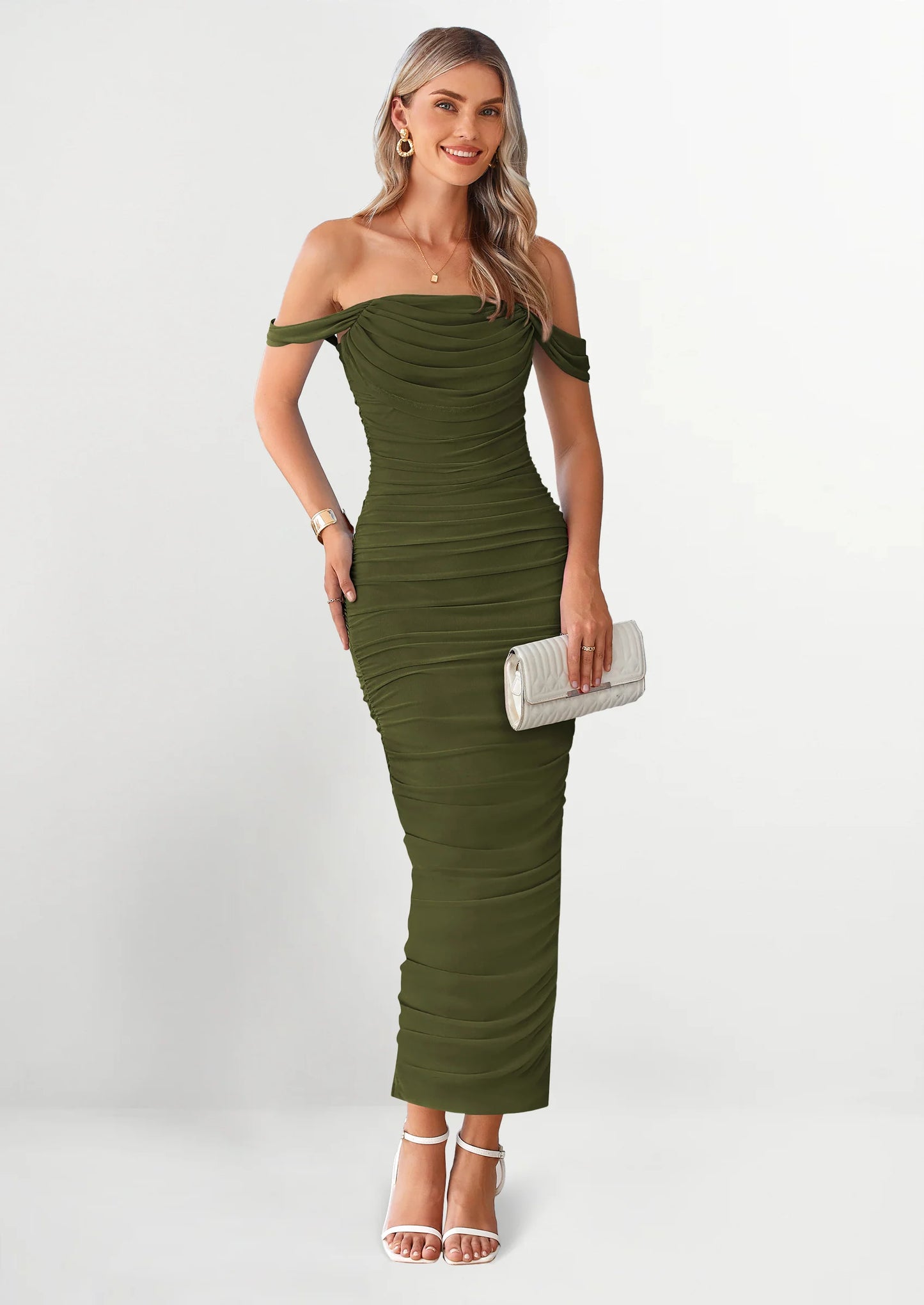 Womens Off The Shoulder Dress Ruched Bodycon Sleeveless Split Cocktail Party Maxi Dresses
