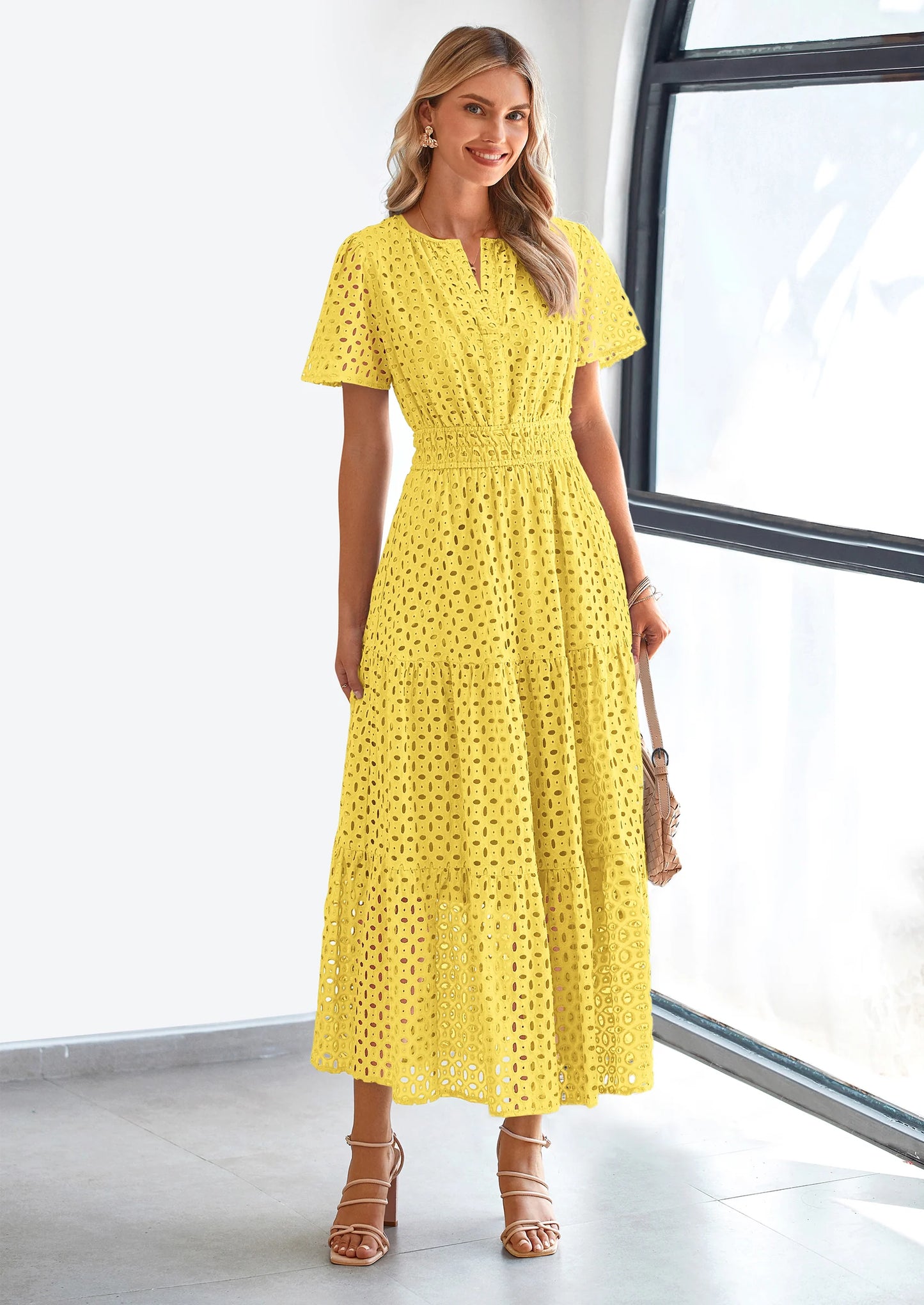 Womens Maxi Dress Short Sleeve V Neck Hollow Out Eyelet A Line Long Flowy Beach Vacation Dresses