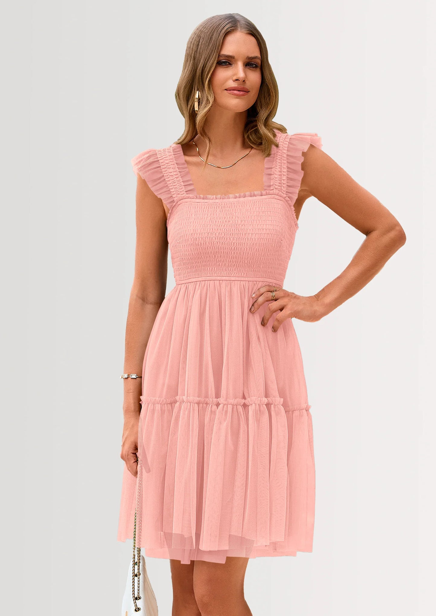 Womens Trendy Mini Summer Dresses Sleeveless Tulle Ruffle Square Neck Tiered Smocked Beach Vacation Dress